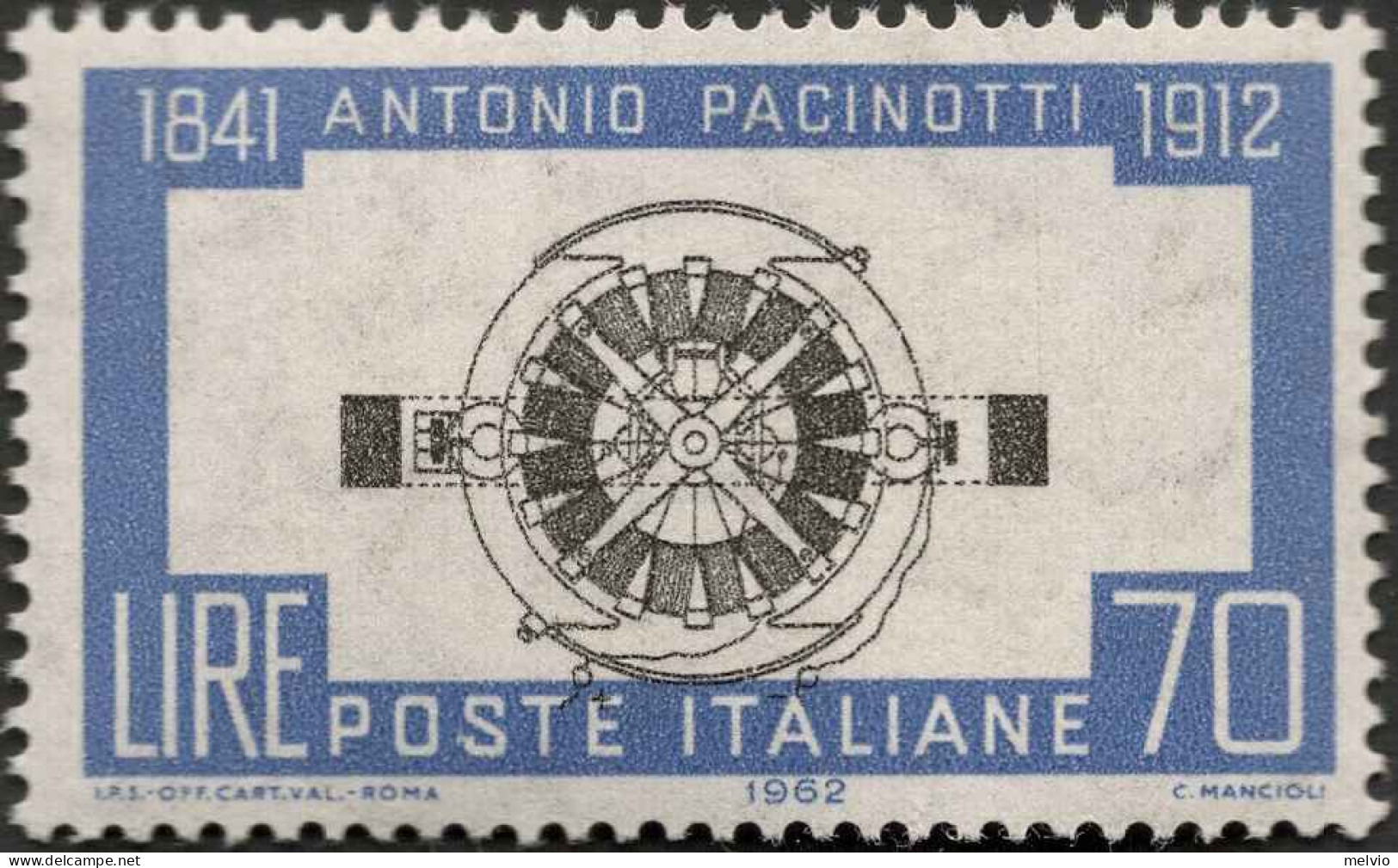 1962-Italia (MNH=**) L.70 Azzurro Antonio Pacinotti Con Centro Spostato In Basso - 1946-60: Neufs