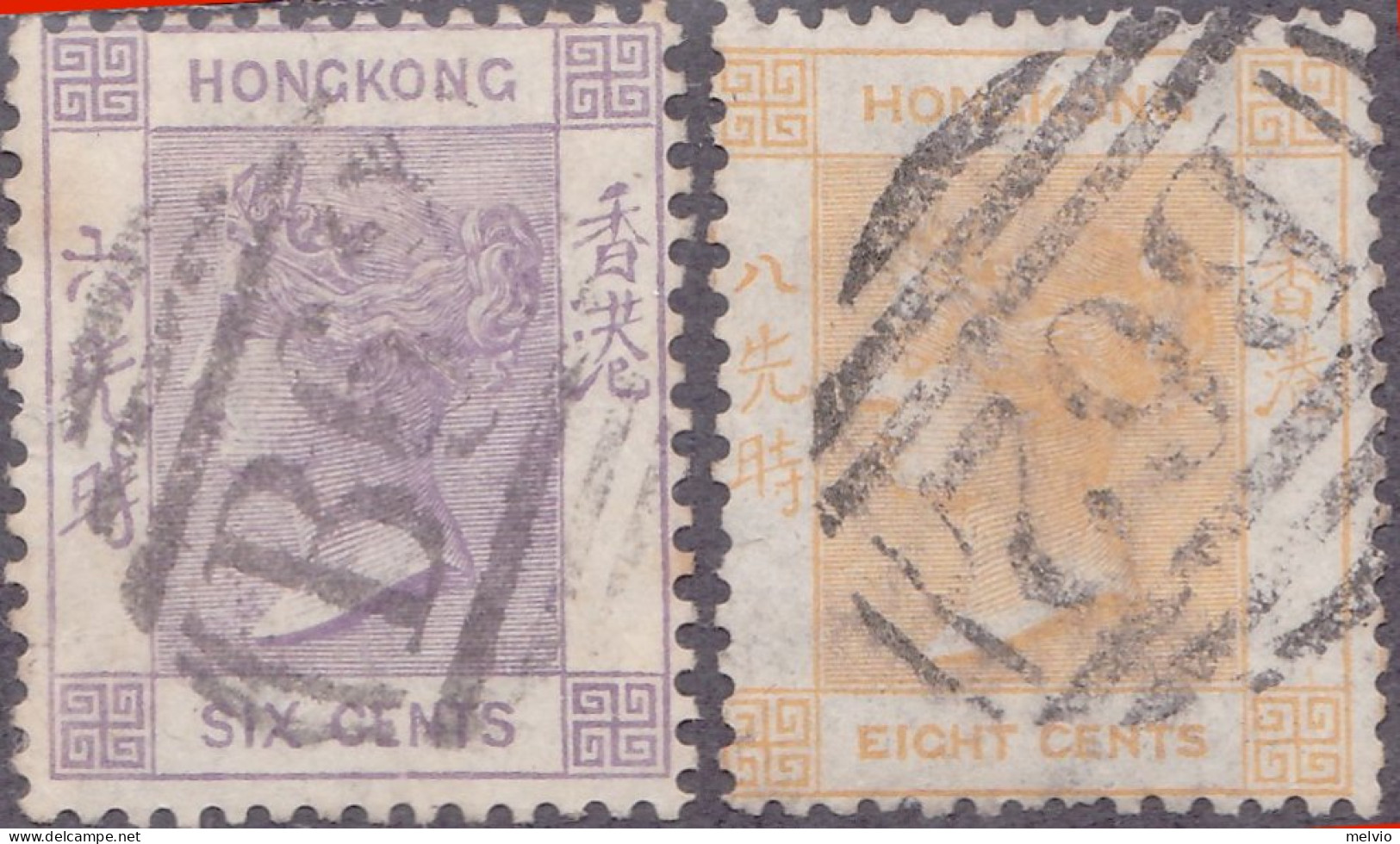 1862-Hong Kong (O=used) 6c.lilla+8c.giallo "Regina Vittoria" - Usados