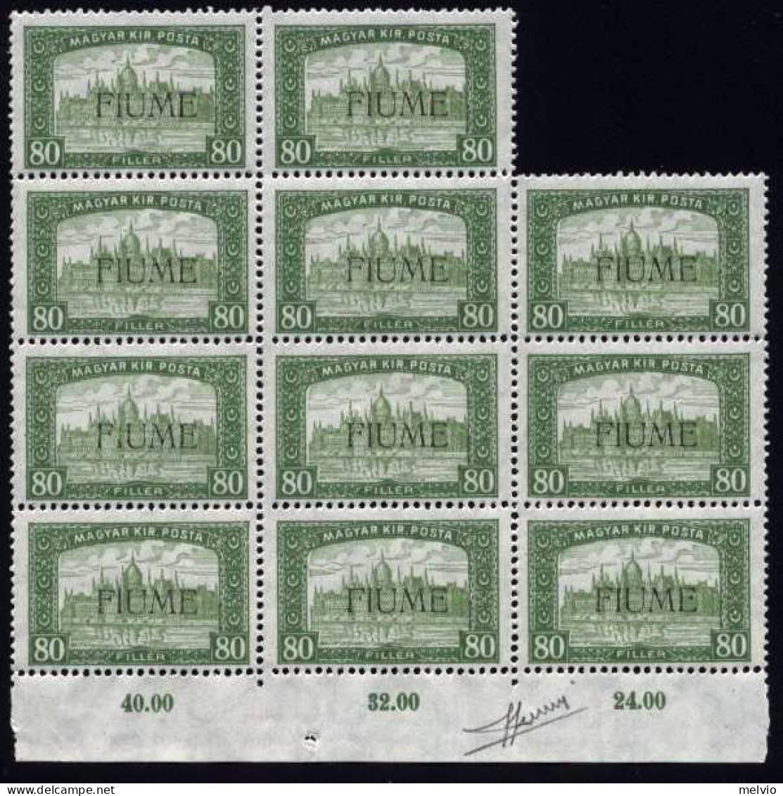 1918-Fiume (MNH=**) 80f.verde Giallo "Veduta"Blocco Di 11 Esemplari Firmato Sora - Fiume