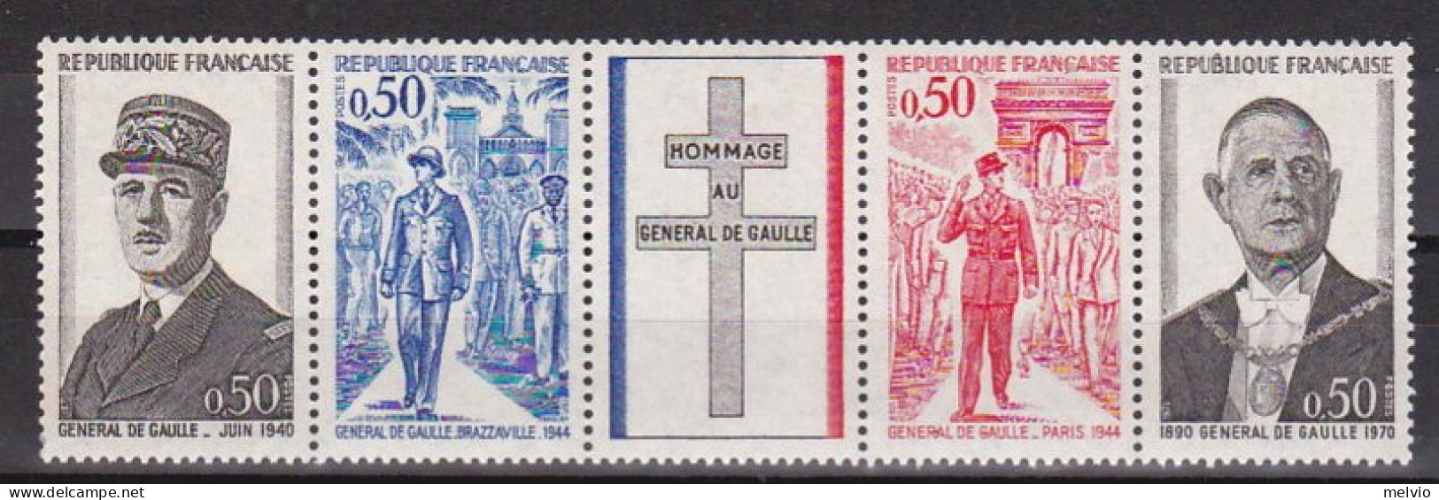1971-Francia (MNH=**) S.4v.in Striscia "De Gaulle"catalogo Unificato Euro 4 - Ungebraucht