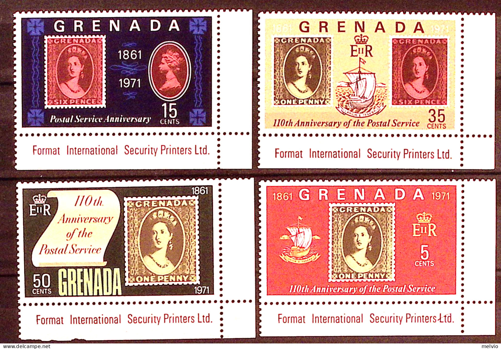1971-Grenada (MNH=**) S.4v."anniversario Del Servizio Postale,francobollo Su Fra - Granada (...-1974)