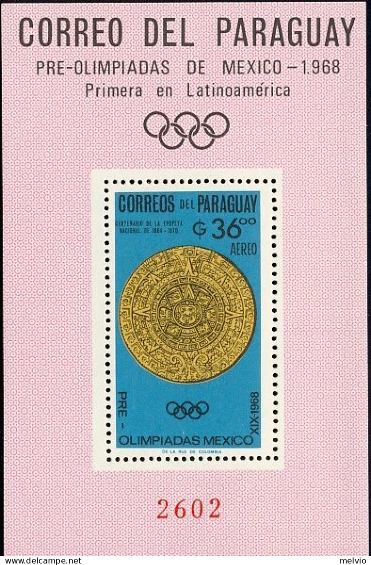 1966-Paraguay (MNH=**) Foglietto Un Valore 36g."giochi Preolimpici Del Messico" - Paraguay