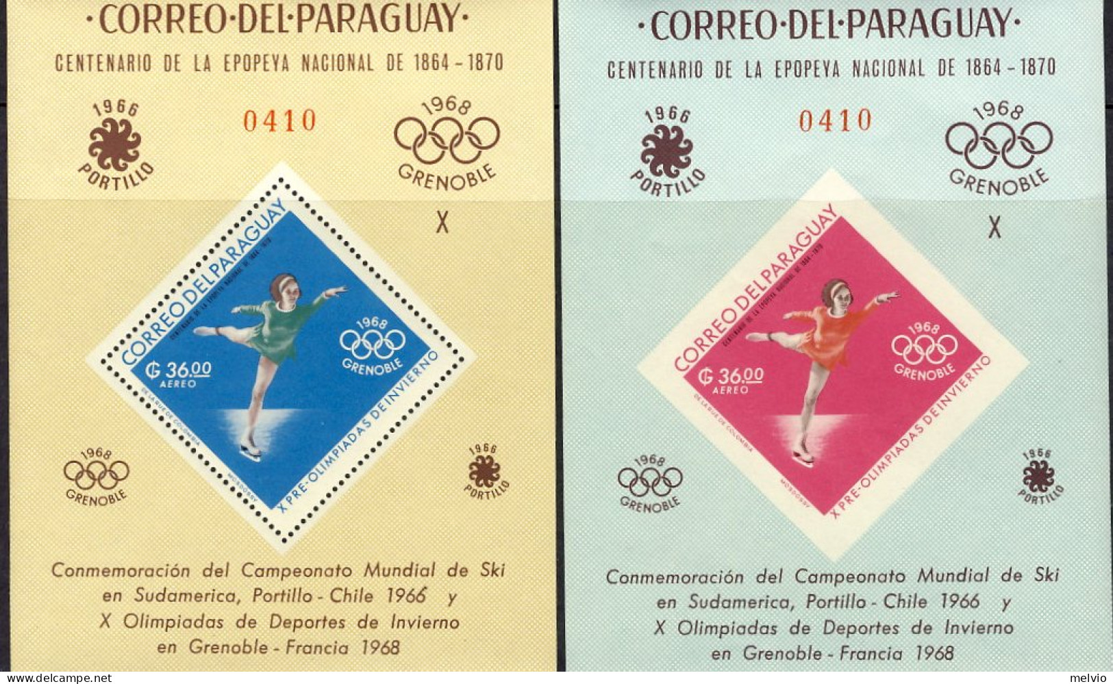 1968-Paraguay (MNH=**) Foglietto Non Dentellato 36g.+ Dentellato 36g."Olimpiade  - Paraguay