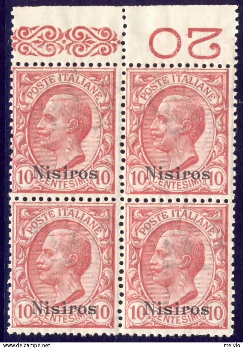 1912-Nisiro (MNH=**) Quartina 10c. Leoni Bordo Di Foglio Con Numero Di Tavola Ca - Egeo (Nisiro)