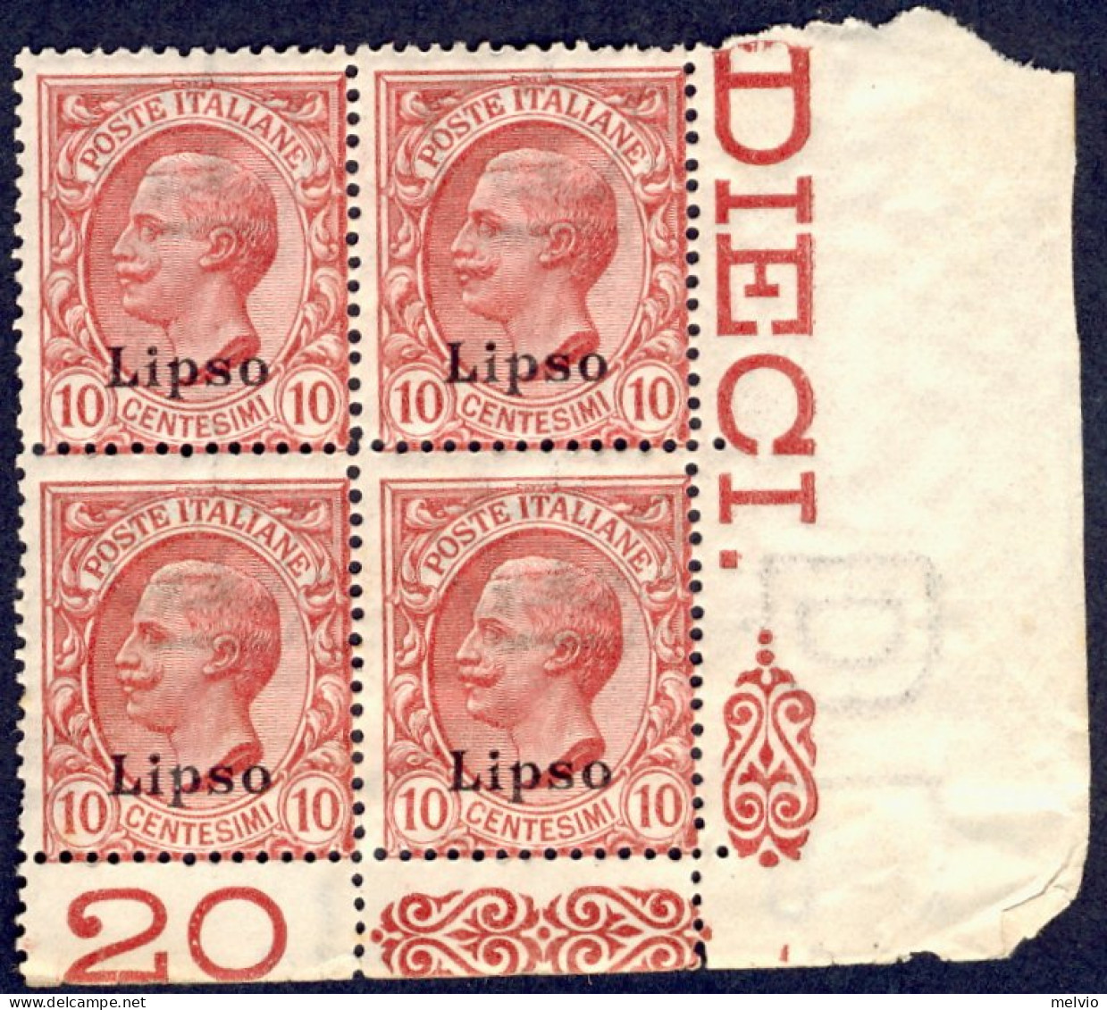1912-Lipso (MNH=**) Quartina 10c. Leoni Angolo Di Foglio Con Numero Di Tavola Ca - Egeo (Lipso)