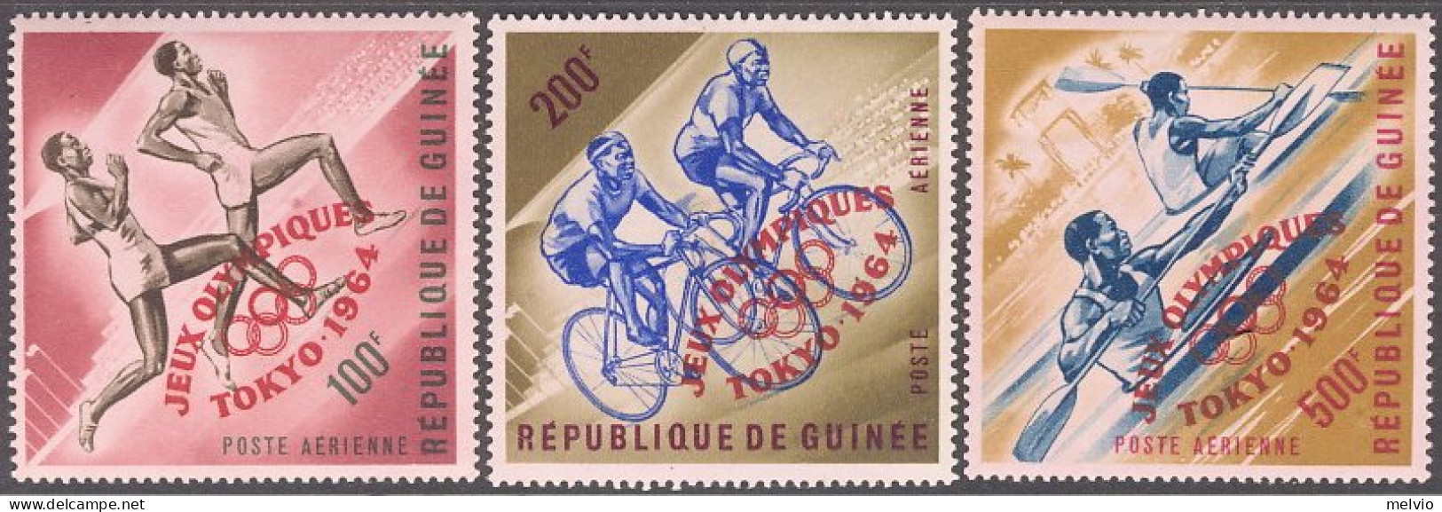 1964-Guinea (MNH=**) S.3v." Olimpiadi Di Tokyo" Soprastampa Carminio - Guinée (1958-...)