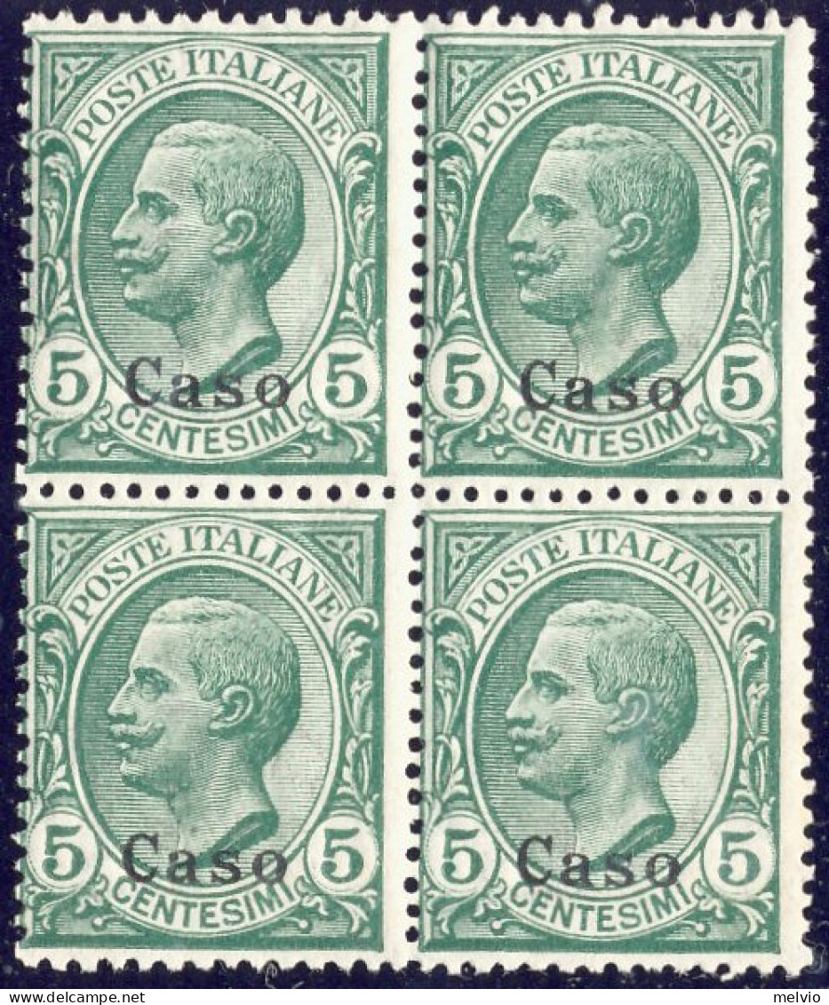 1912-Caso (MNH=**) Quartina 5c. Leoni Cat.Sassone Euro 50 - Egeo (Caso)