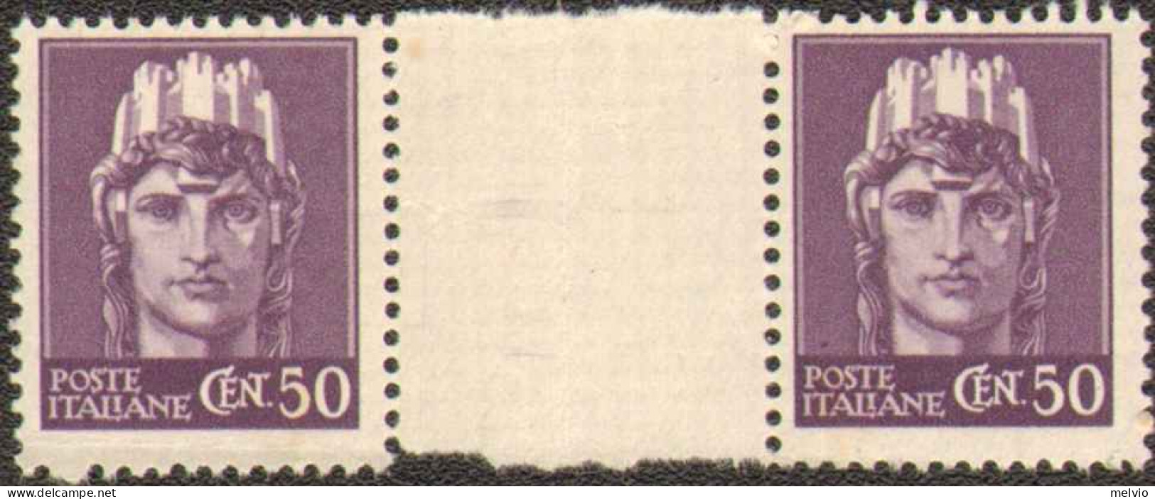 1945-Italia (MNH=**) Coppia Del 50c.Imperiale Senza Fasci Con Interspazio Di Gru - Mint/hinged