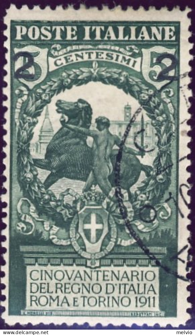 1913-Italia (O=used) Cinquantenario Unità D'Italia Soprastampato 2 Su 5c.verde C - Gebraucht