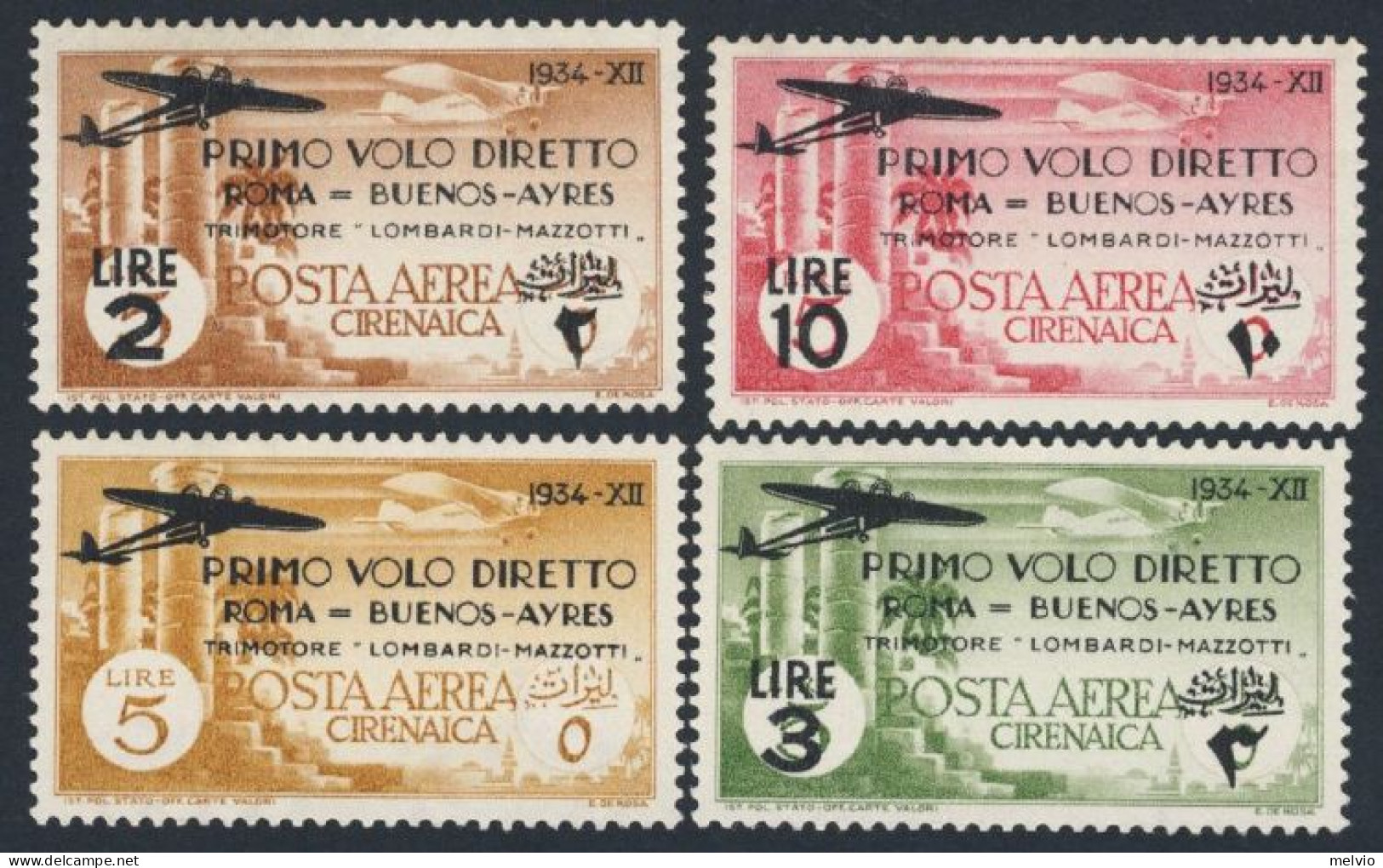 1934-Cirenaica (MNH=**) Posta Aerea S.4v."Roma Buenos Aires"cat.Sassone Euro 50 - Cirenaica