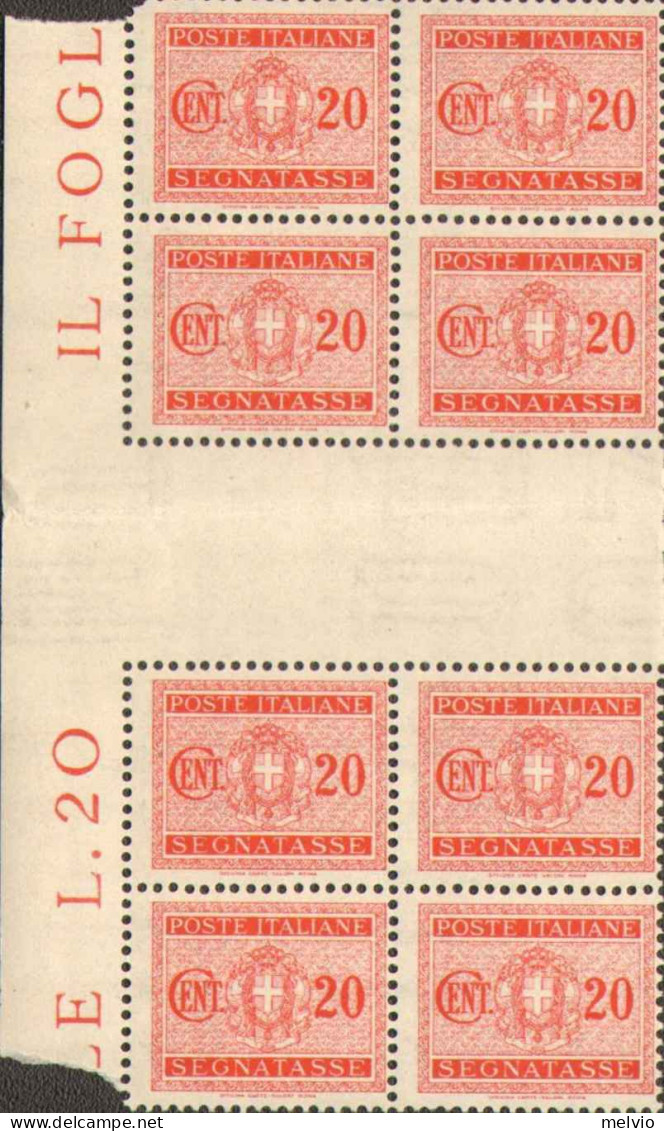 1934-Italia (MNH=**) Blocco Di Otto Di Segnatasse 20c.con Interspazio Di Gruppo  - Ungebraucht