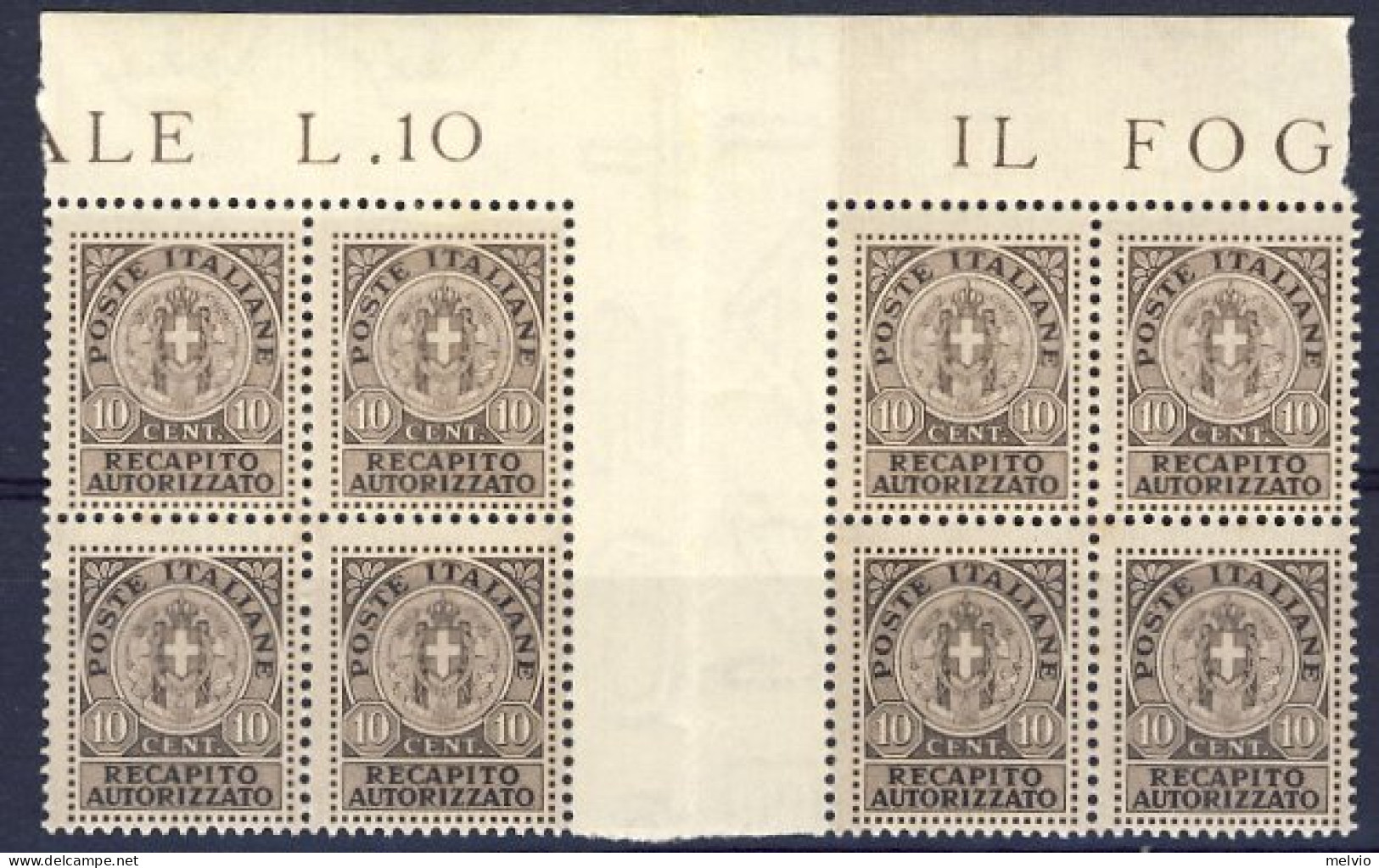 1934-Italia (MNH=**) Due Quartine Del Recapito Autorizzato 10c. Bordo Di Foglio  - Mint/hinged