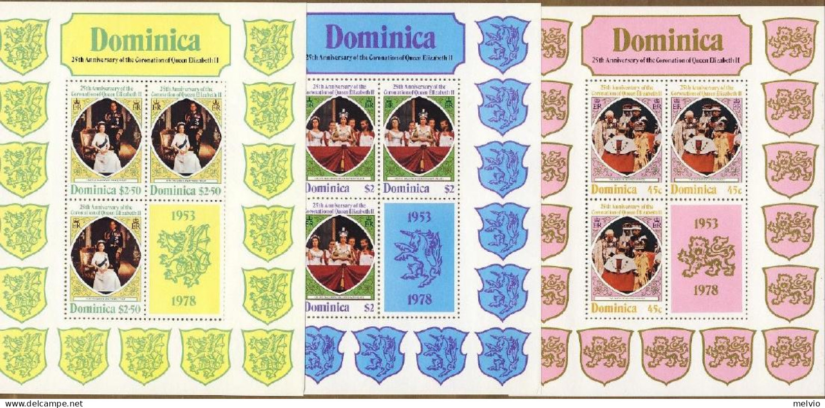 1977-Dominica (MNH=**) Tre Foglietti 9v."25 Anniversario Dell'incoronazione Dell - Dominica (1978-...)