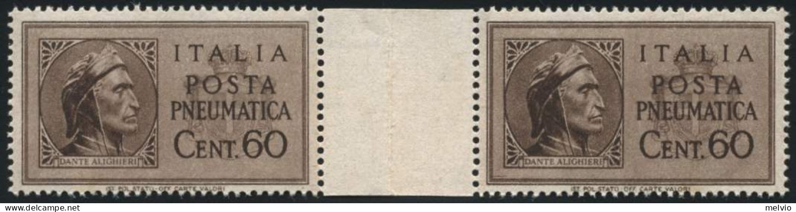 1945-Italia (MNH=**) Posta Pneumatica 60c. Bruno Coppia Con Interspazio - Ungebraucht