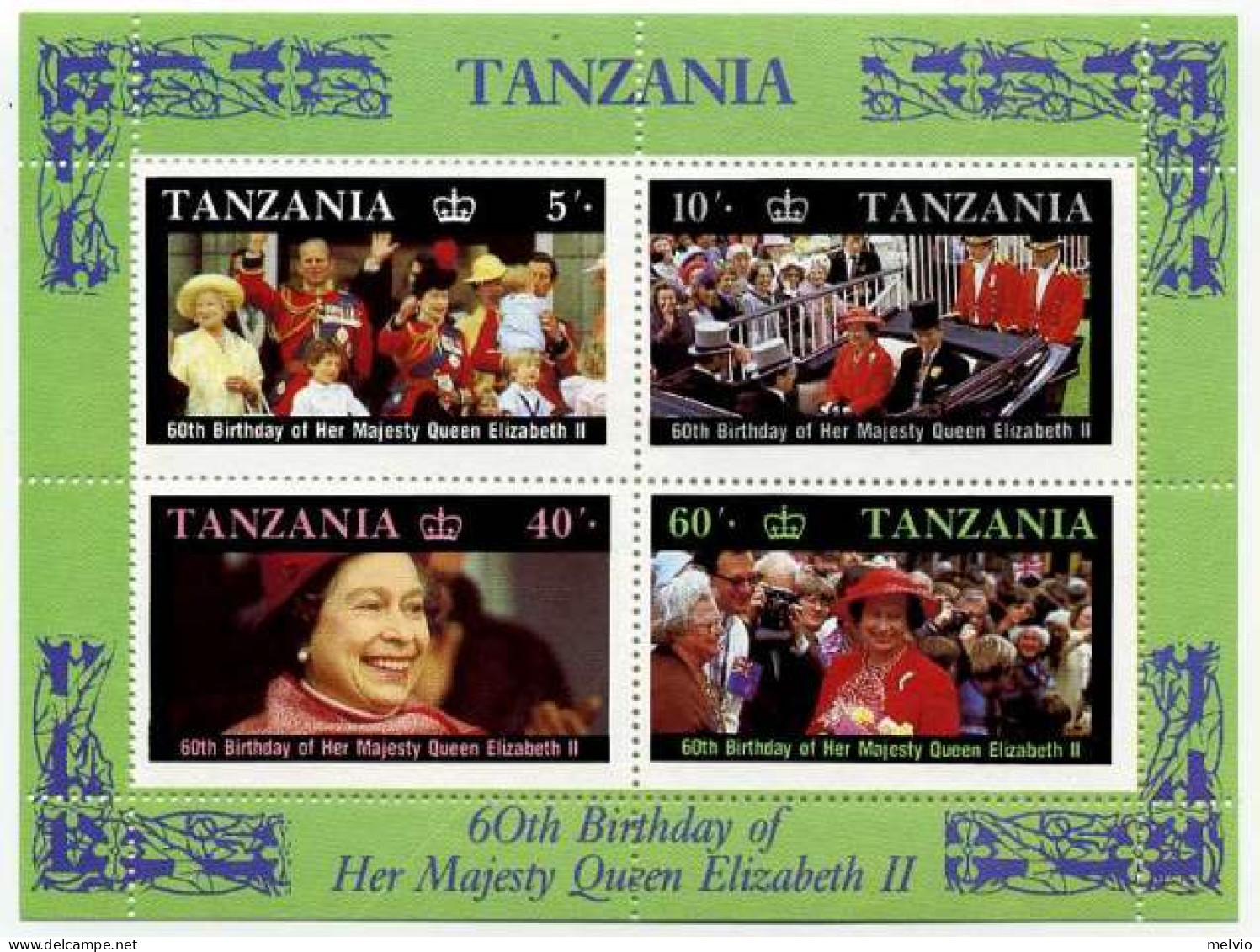 1987-Tanzania (MNH=**) Foglietto S.4v."60 Anniversario Di Sua Maestà La Regina E - Tansania
