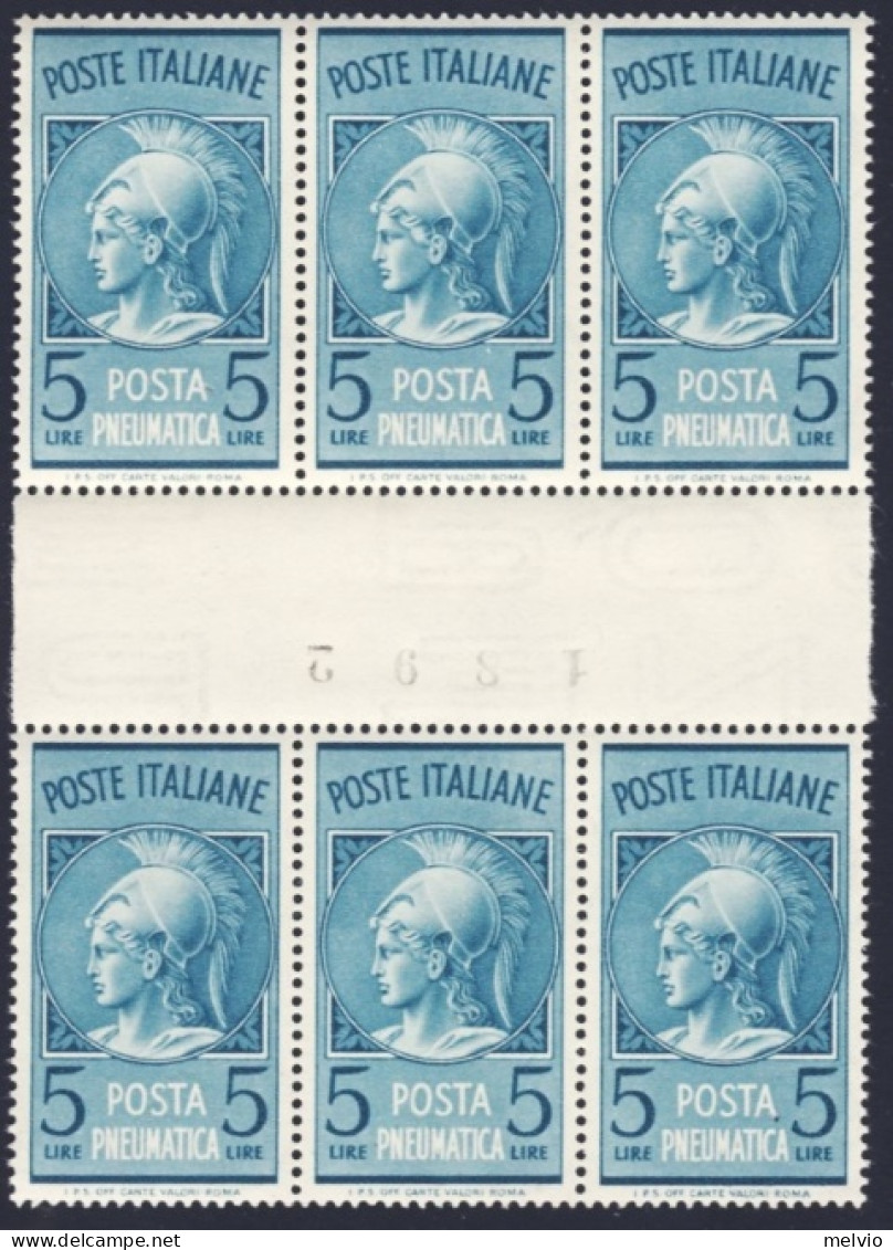1945-Italia (MNH=**) Sestina Posta Pneumatica L.5 Azzurro Con Interspazio Di Gru - Mint/hinged