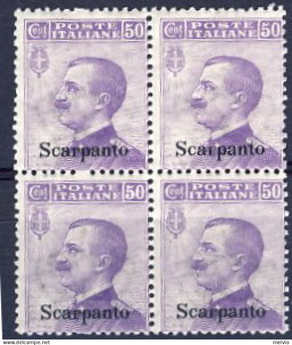 1912-Scarpanto (MNH=**) Quartina Del 50c. Violetto Michetti Cat.Sassone Euro 30 - Ägäis (Scarpanto)