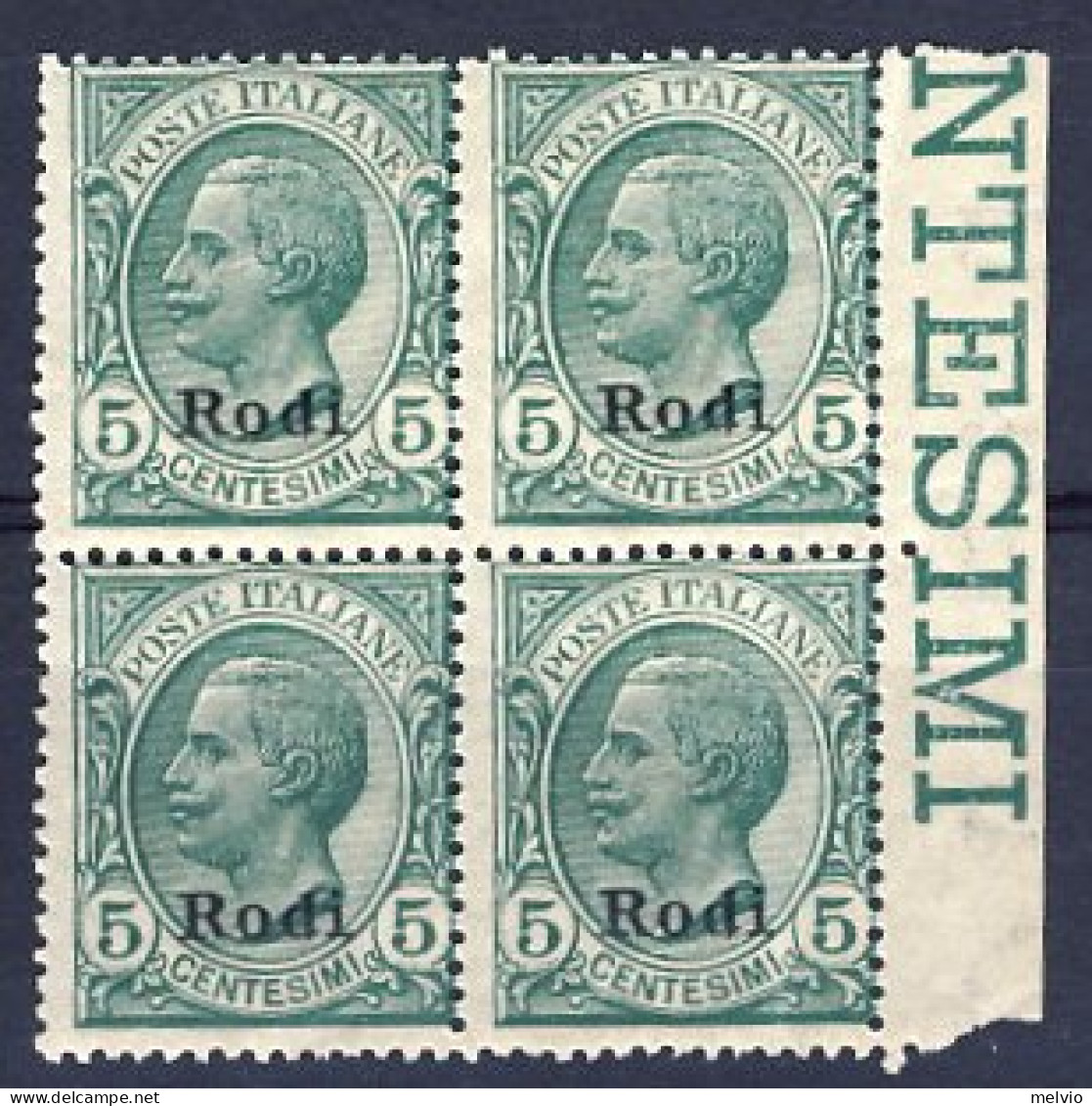 1912-Rodi (MNH=**) Quartina Del 5c. Leoni Cat.Sassone Euro 50 - Ägäis (Rodi)