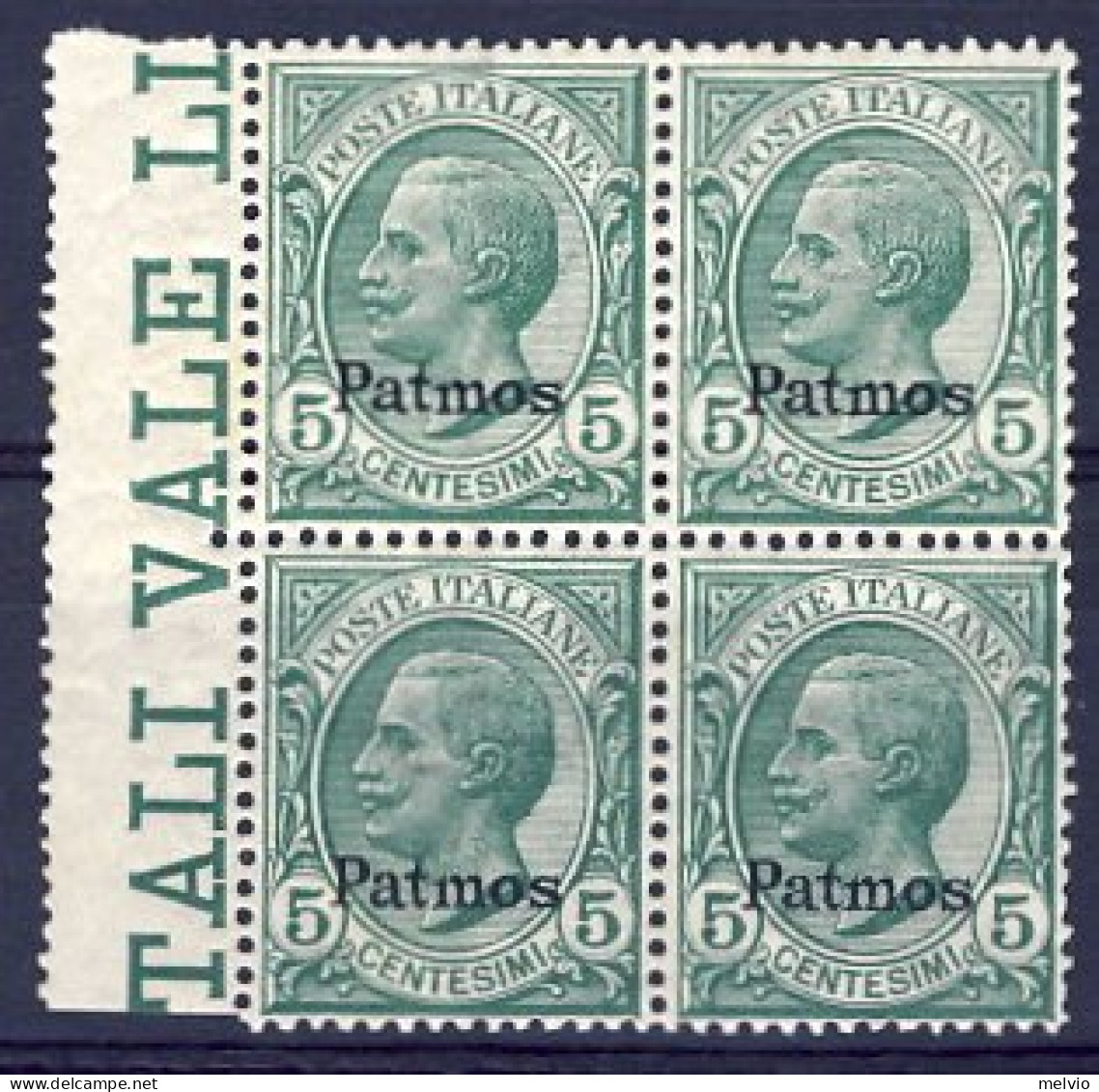 1912-Patmo (MNH=**) Quartina Del 5c. Leoni Cat.Sassone Euro 50 - Ägäis (Patmo)