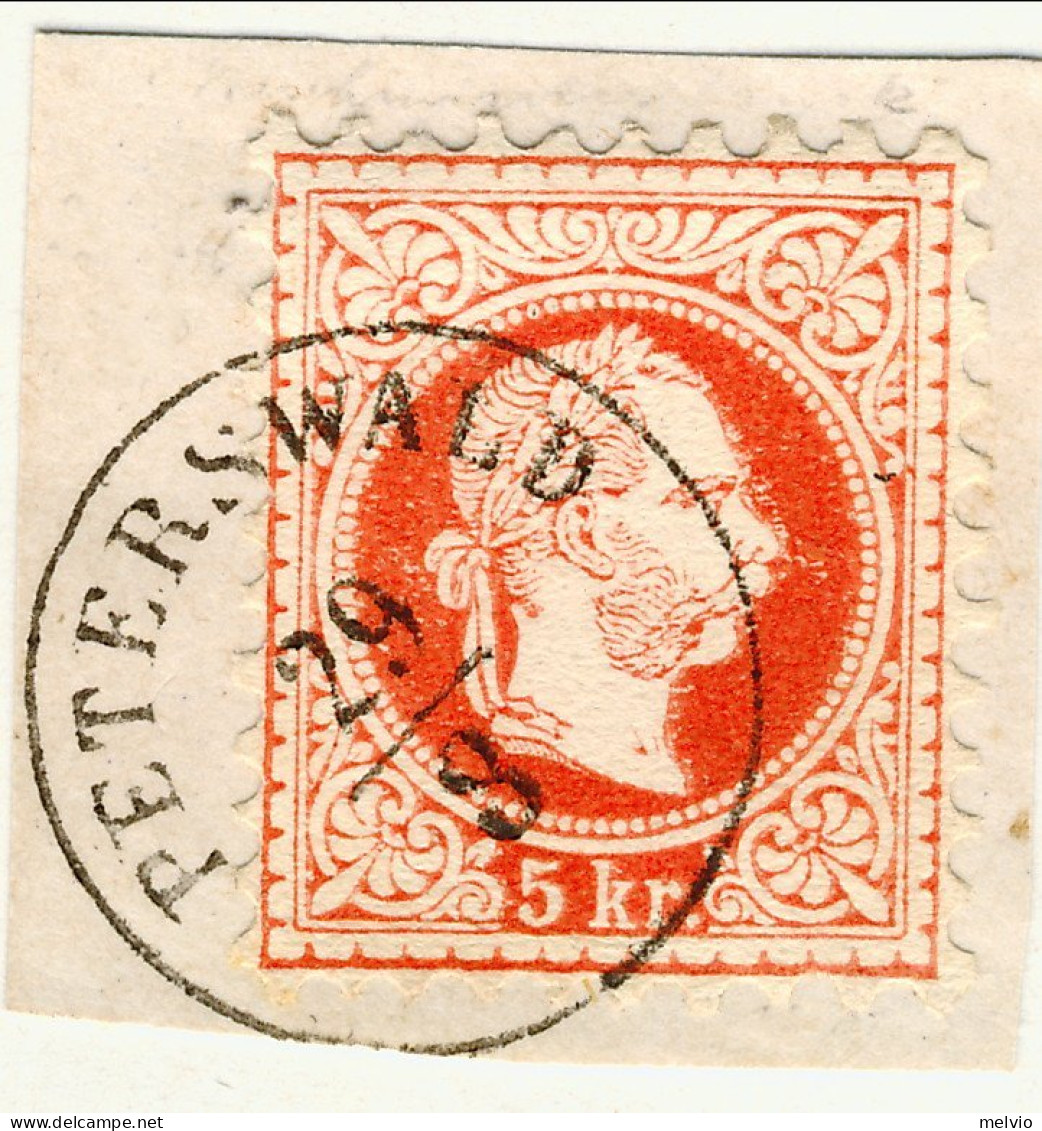 1874-Austria (F=on Piece) 5k.rosso Stampa Fine Dentellato 9 Su Frammento Con Ann - Other & Unclassified