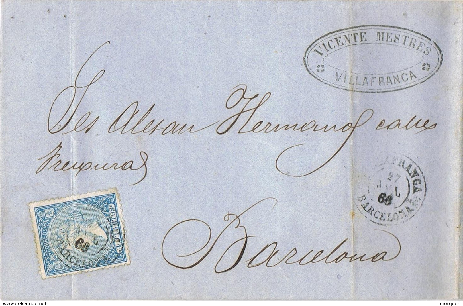 54882. Carta Entera VILLAFRANCA Del PANADES (Barcelona) 1866. Marca Oval CARTERO - Storia Postale