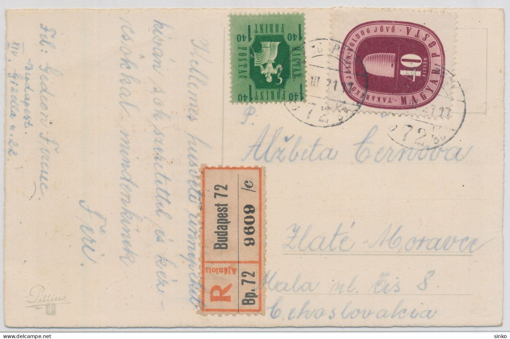 1948.03.21. Registered Letter BUDAPEST - ZLATÉ-MORAVCE 1,40Ft Forint-Filler - Misprint - Abarten Und Kuriositäten