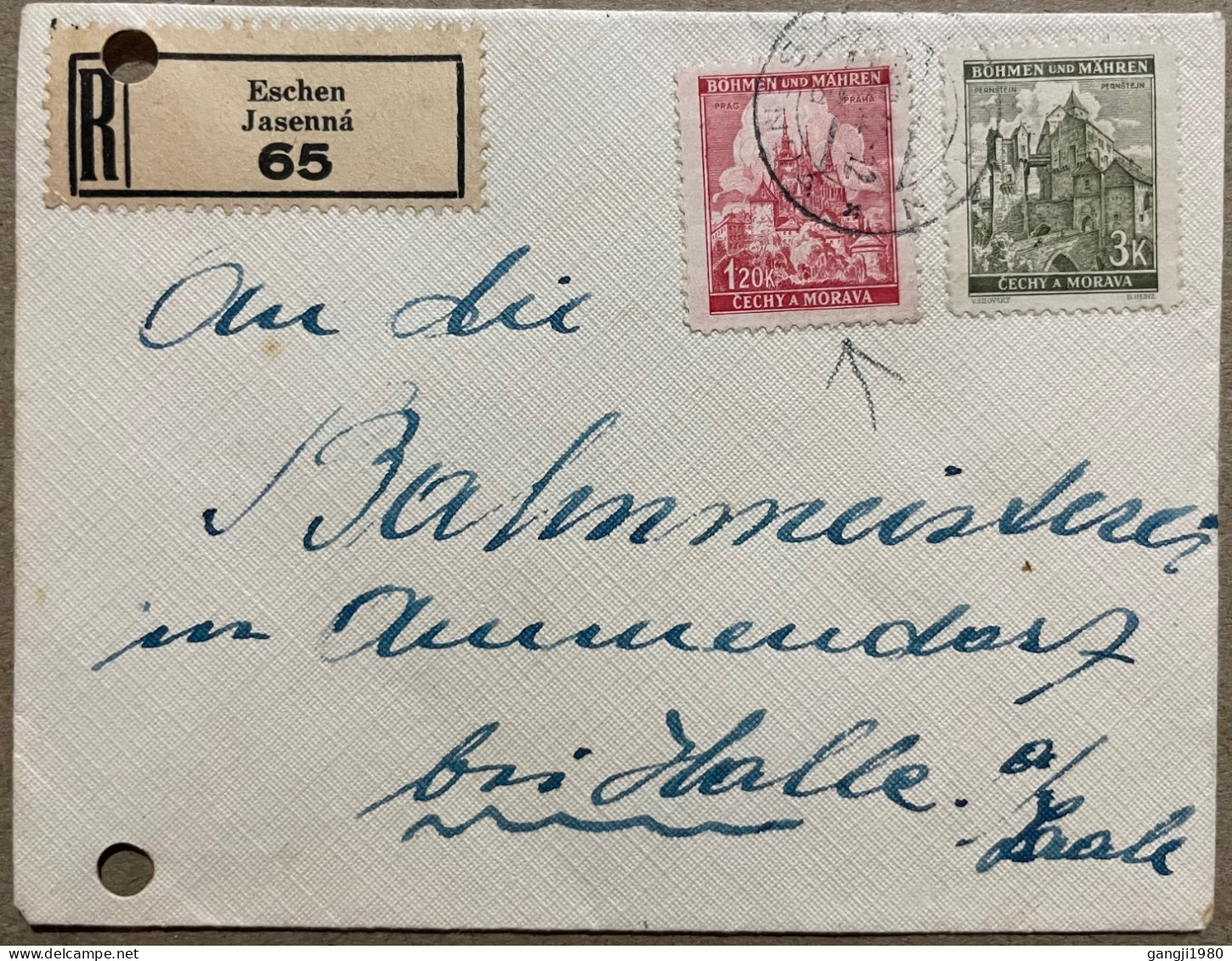 BOHEMIA & MORAVIA 1942, REGISTER COVER USED TO GERMANY,  ESCHEN JASENNA & UMMENDORF CITY CANCEL. - Brieven En Documenten