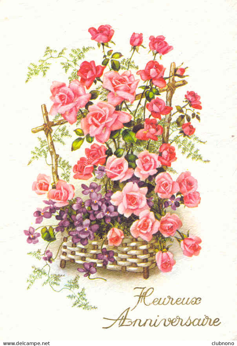 CPM - HEUREUX ANNIVERSAIRE (TRES JOLIE CARTE DESSINEE BOUQUET DE ROSES ET DE VIOLETTES) - Anniversaire