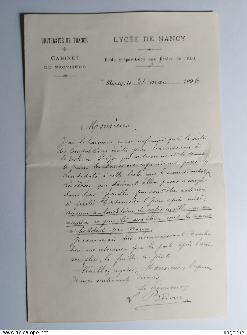 1896 LYCEE De NANCY UNIVERSITE DE FRANCE CABINET Du PROVISEUR Ecole Préparatoire Aux Ecoles De L'Etat (élève RAPENNE) - Diplome Und Schulzeugnisse