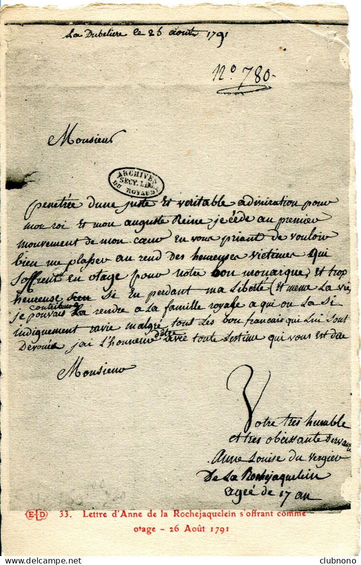 CPA -  LETTRE D'ANNE DE LA ROCHEJAQUELEIN - Geschichte