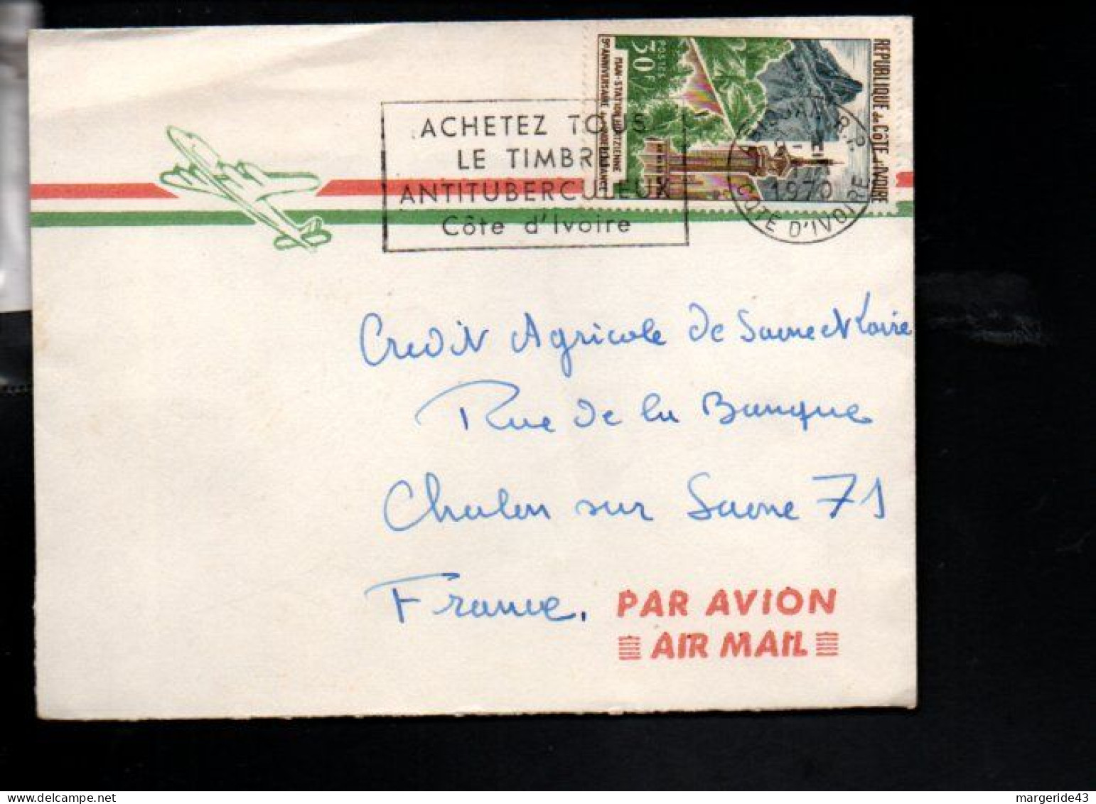 COTE D'IVOIRE SEUL SUR LETTRE AVION POUR LA FRANCE 1970 - Ivory Coast (1960-...)