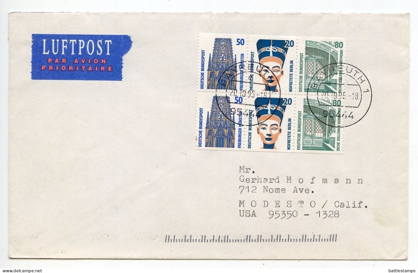 Germany 1995 Airmail Cover; Bayreuth To Modesto, California, United States; Partial Booklet Pane Of 6 Stamps - Briefe U. Dokumente