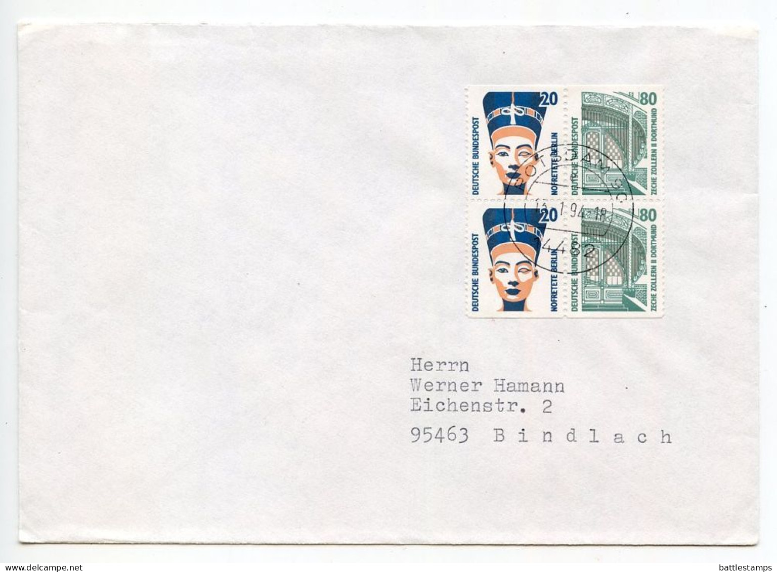 Germany 1994 Cover; Potsdam To Bindlach; Partial Booklet Pane Of 4 Stamps - Briefe U. Dokumente