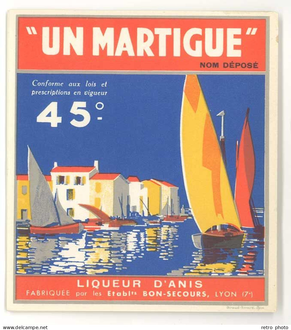 Lot 5 étiquettes " Un Martigue " Liqueur D'anis, Ets Bon-Secours, Lyon 7e - Alcohols & Spirits