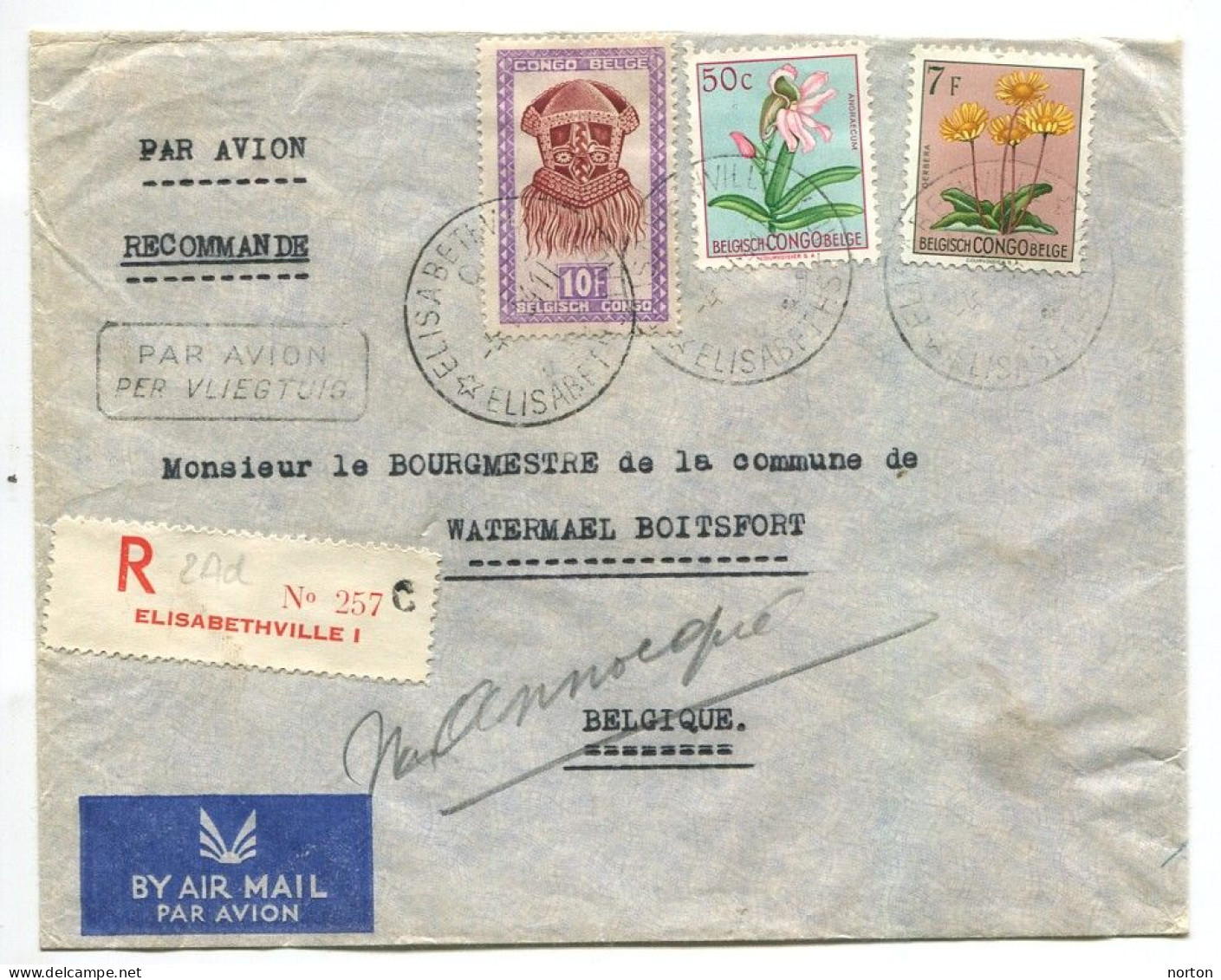 Congo C.O.B.292+307+318 Sur Lettre Recom Elisabethville1 (C) Type 2Ad/R/B Unilingue Dent 10 3/4 Watermael Boitsfort - Cartas & Documentos