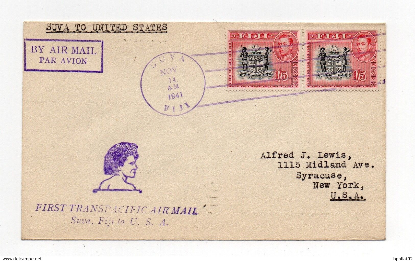 !!! 1ER COURRIER AERIEN TRANSPACIFIQUE LETTRE DE SUVA POUR NEW YORK DU 14/11/1941 - Fidschi-Inseln (...-1970)