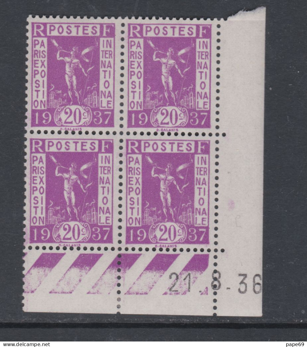 France N° 322 X Propa. Pour L'expo : 20 C. En Bloc De 4 Coin Daté Du 21 . 8 . 36 ; Ss Point Blanc, Trace Charnière, TB - 1930-1939