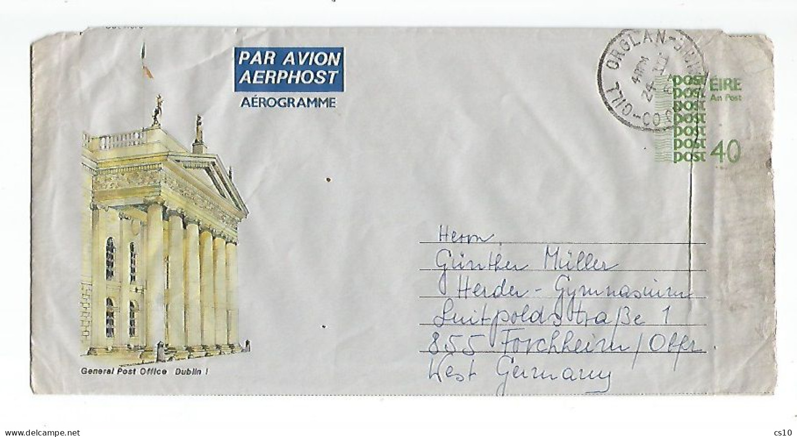 EIRE Aerogramme P.Office Dublin P.40 Used Cill Orglan 24aug1987 To Germany - Storia Postale