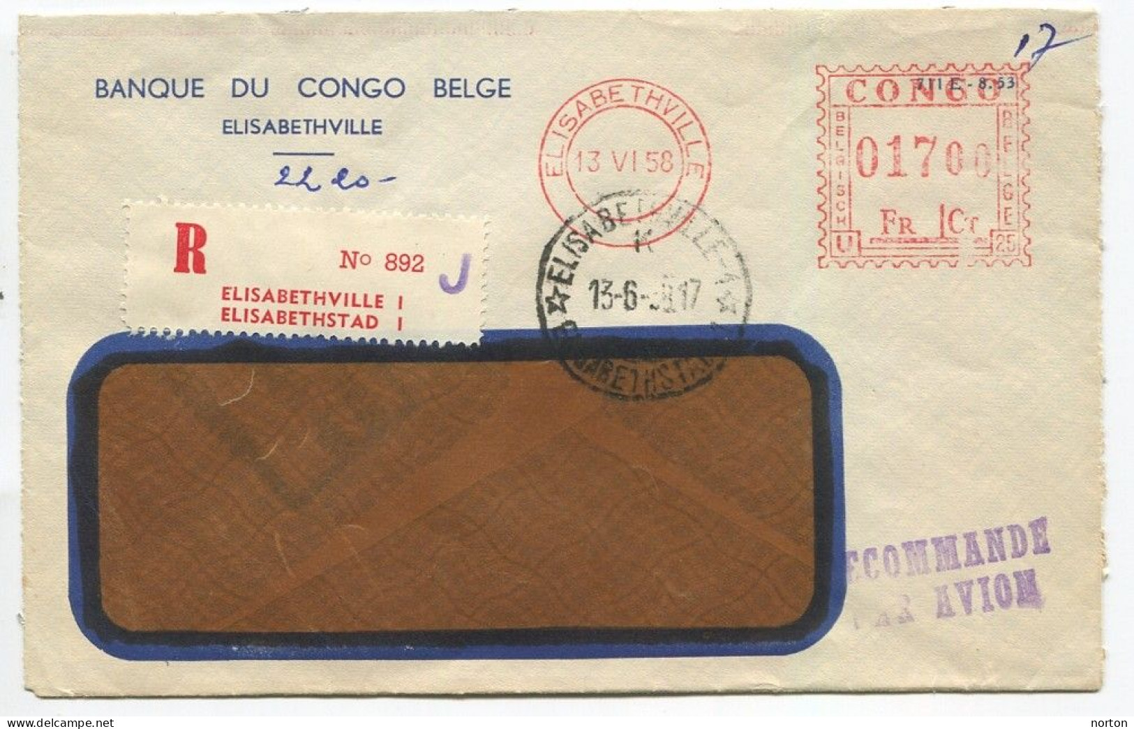 Congo Elisabethville 1 Lettre Recom Elisabethville1 (J) Type 2Ae/R/M Bilingue Dent 10 3/4 Le 13/06/58 - Cartas & Documentos