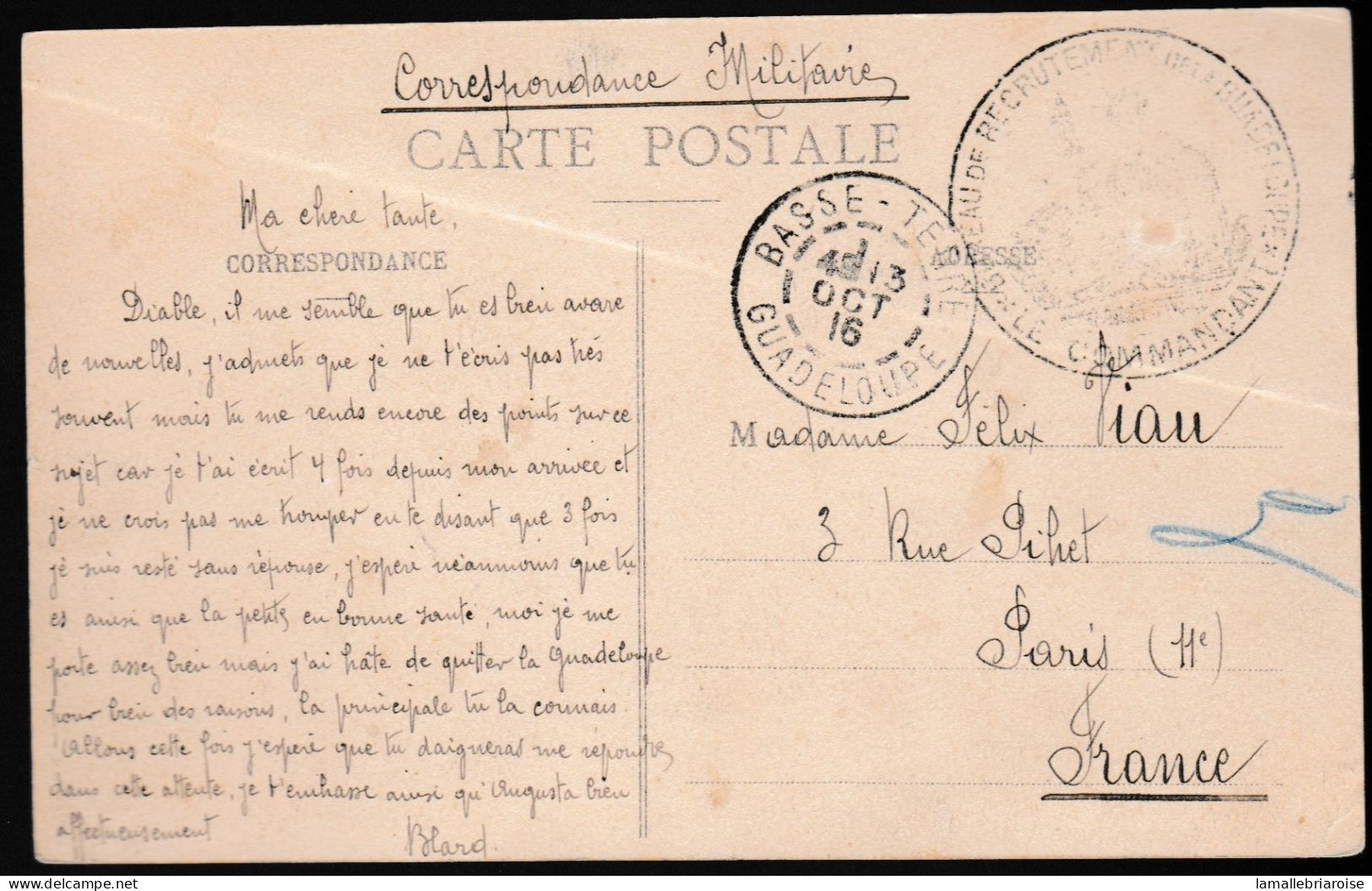 Guadeloupe, Cachet Bureau De Recrutement De La Guadeloupe Sur Carte De Basse-Terre, Verso: Riviere Noire - Brieven En Documenten