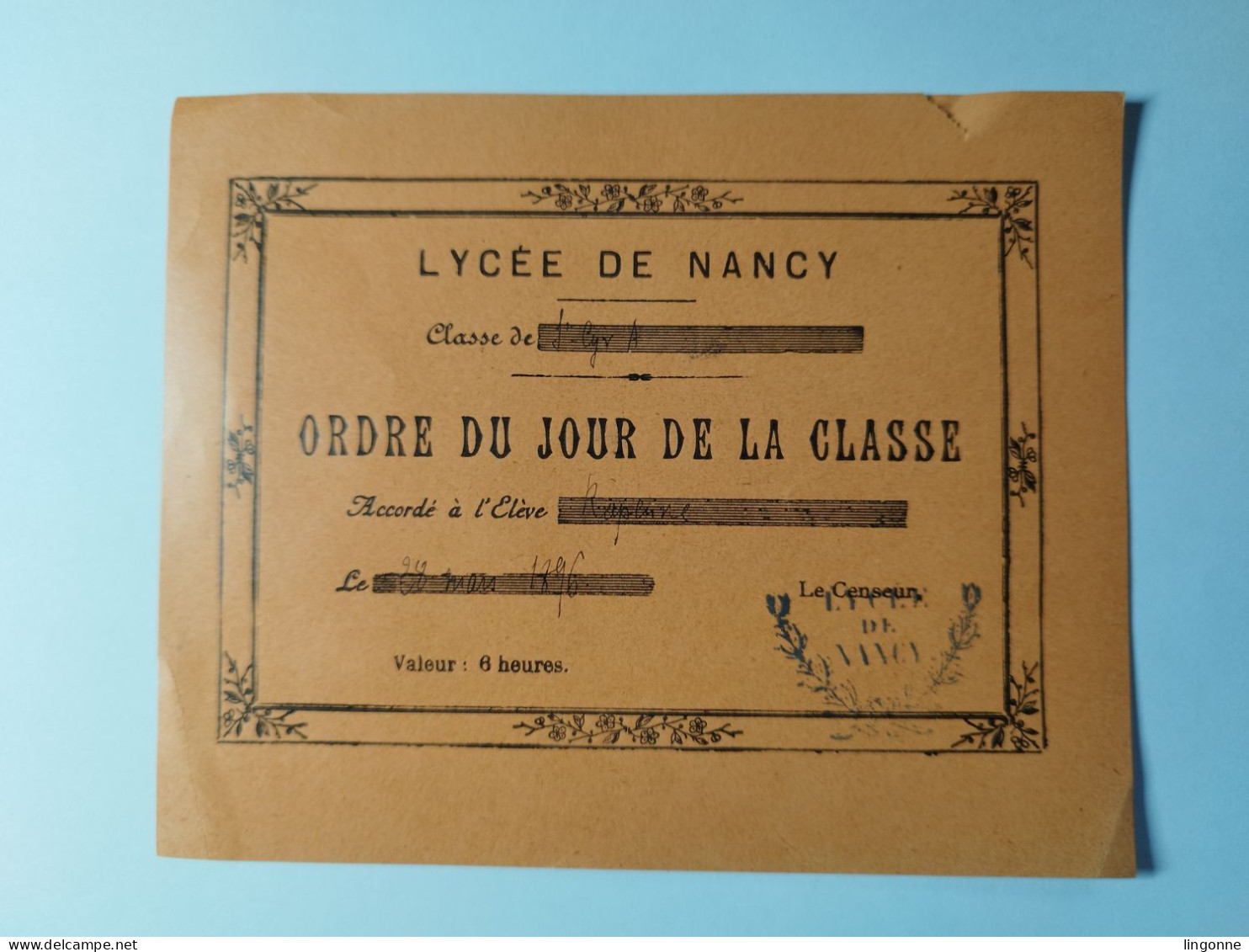 1896 ORDRE DU JOUR De La CLASSE Lycée De NANCY (Meurthe-et-Moselle 54) Classe De Saint CYR élève RAPENNE Oblitération - Diploma's En Schoolrapporten