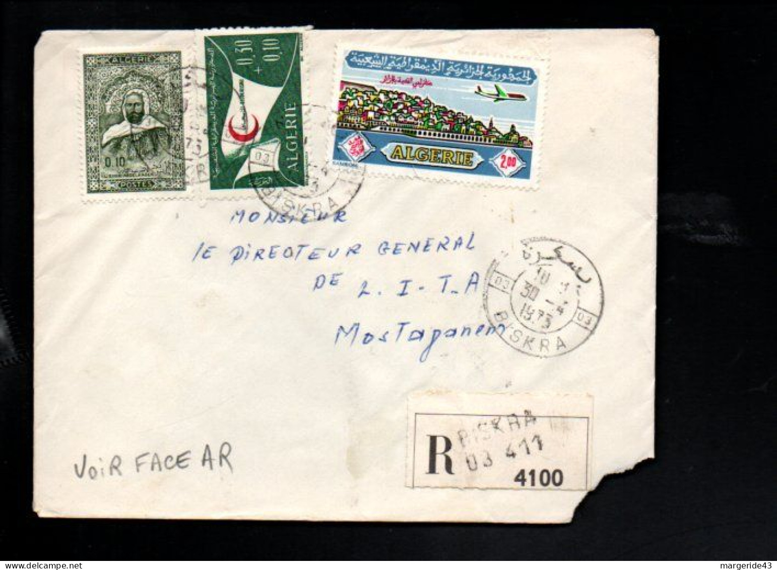 ALGERIE AFFRANCHISSEMENT COMPOSE SUR LETTRE RECOMMANDEE DE BISKRA POUR LA FRANCE 1973 - Algerije (1962-...)