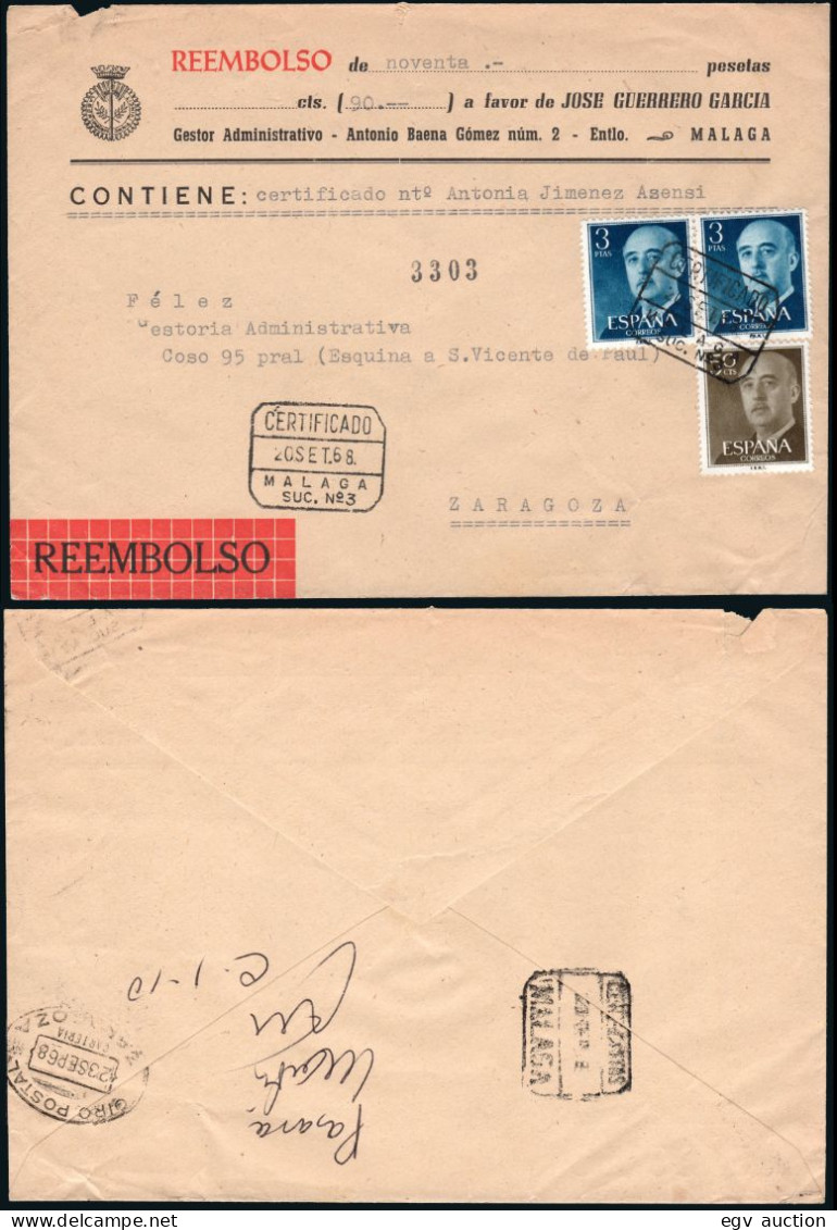 Málaga - Edi O 1149+1159 Pareja - Mat "Certificado 20/Sep./68 Málaga Suc. N.º 3" A Zaragoza - Cartas & Documentos