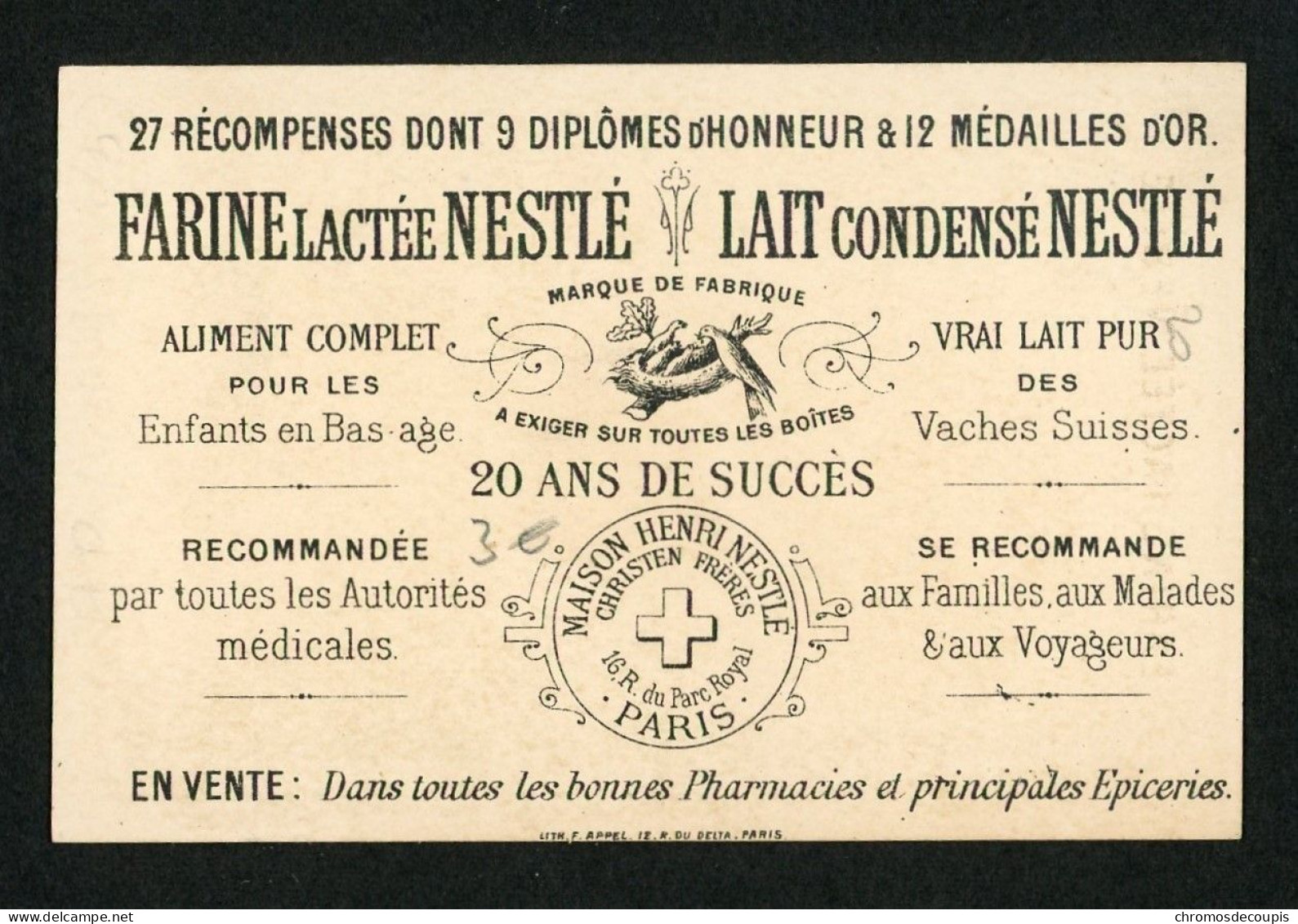 Chromo Farine Lactée Nestlé Maison Henri Nestlé Lith. Appel    Caricature Musicien - Andere & Zonder Classificatie