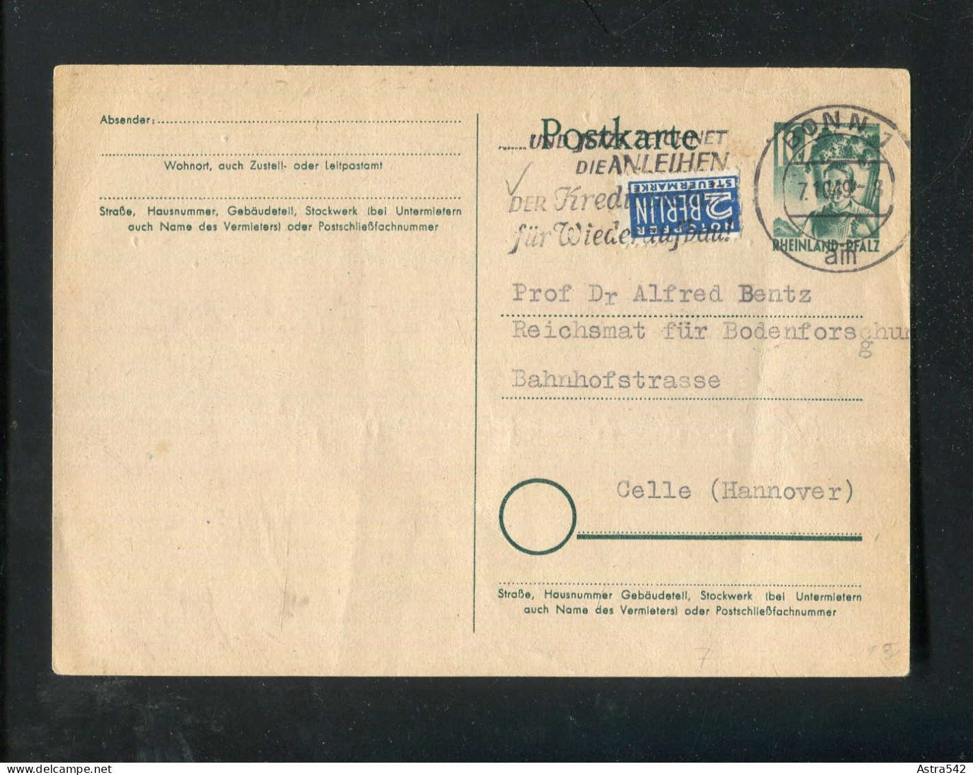 "FRANZOESISCHE ZONE-RHEINLAND PFALZ" 1949, Postkarte Mi. P 2 Stempel "BONN, Anleihen Fuer Wiederaufbau" (A1180) - Renania-Palatinato