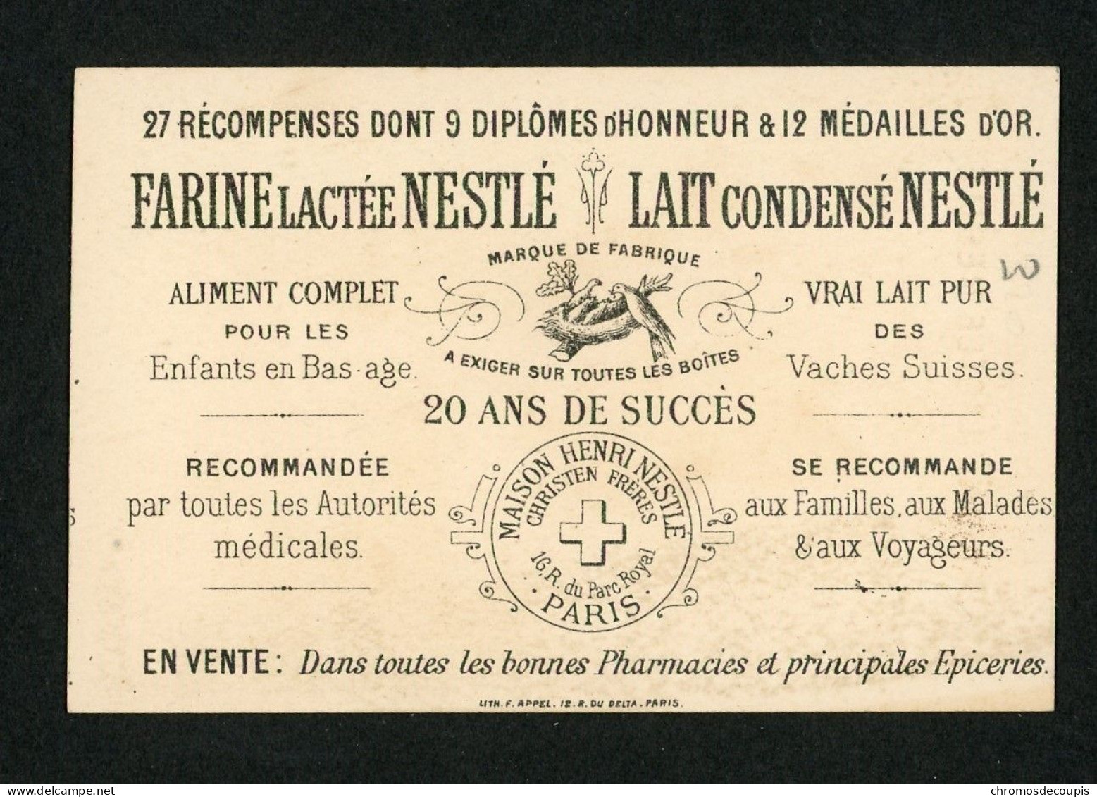 Chromo Farine Lactée Nestlé Maison Henri Nestlé Lith. Appel    Caricature Musicien Grosse Caisse - Andere & Zonder Classificatie