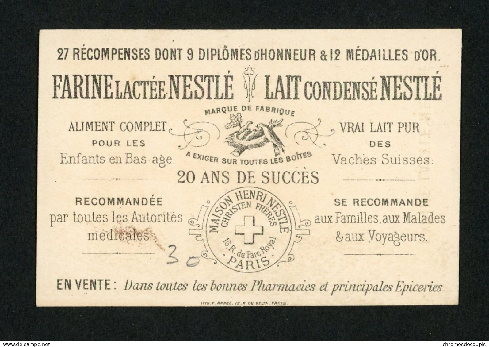 Chromo Farine Lactée Nestlé Maison Henri Nestlé Lith. Appel    Caricature Musicien Violon Bouquets De Fleurs - Andere & Zonder Classificatie