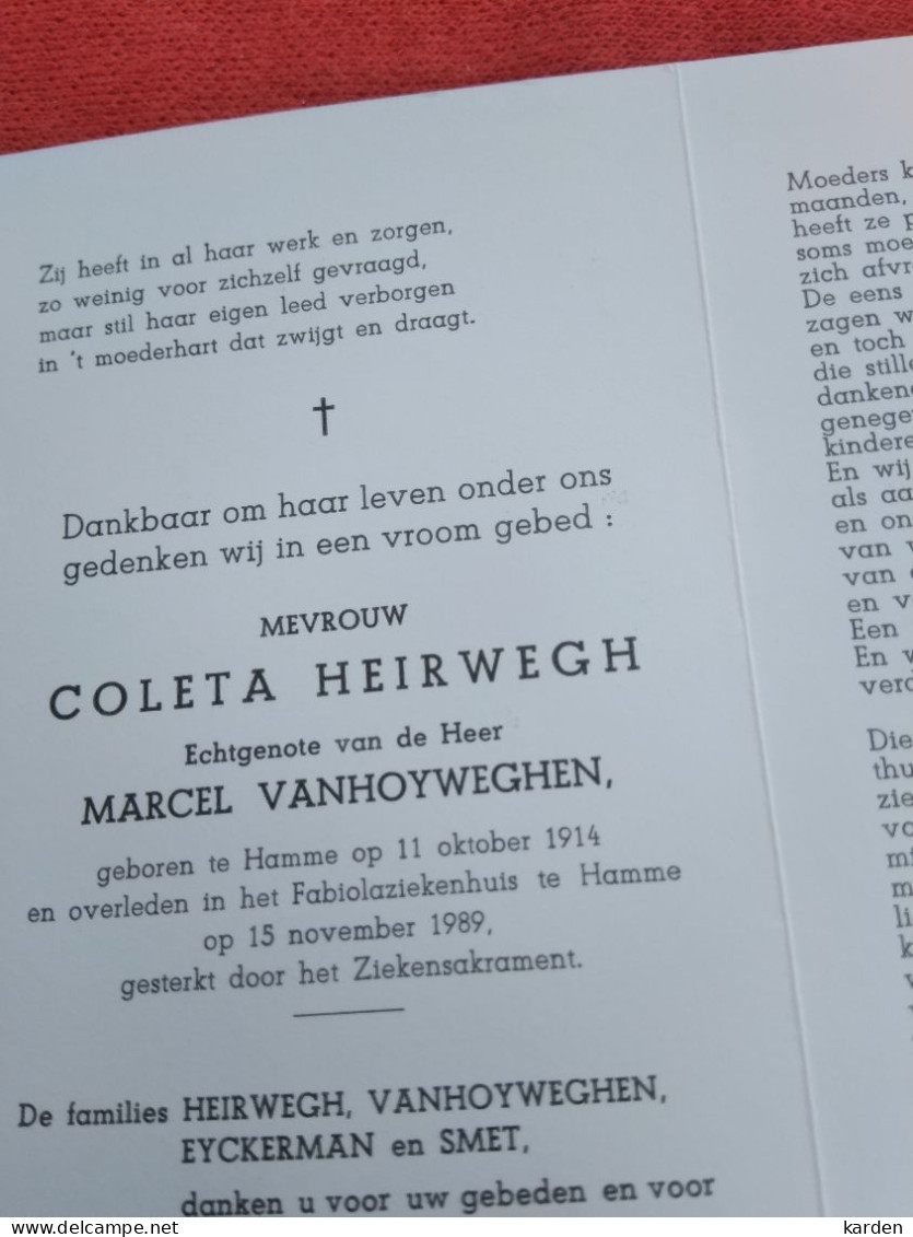 Doodsprentje Coleta Heirwegh / Hamme 11/10/1914 - 15/11/1989 ( Marcel Vanhoyweghen ) - Religion & Esotérisme