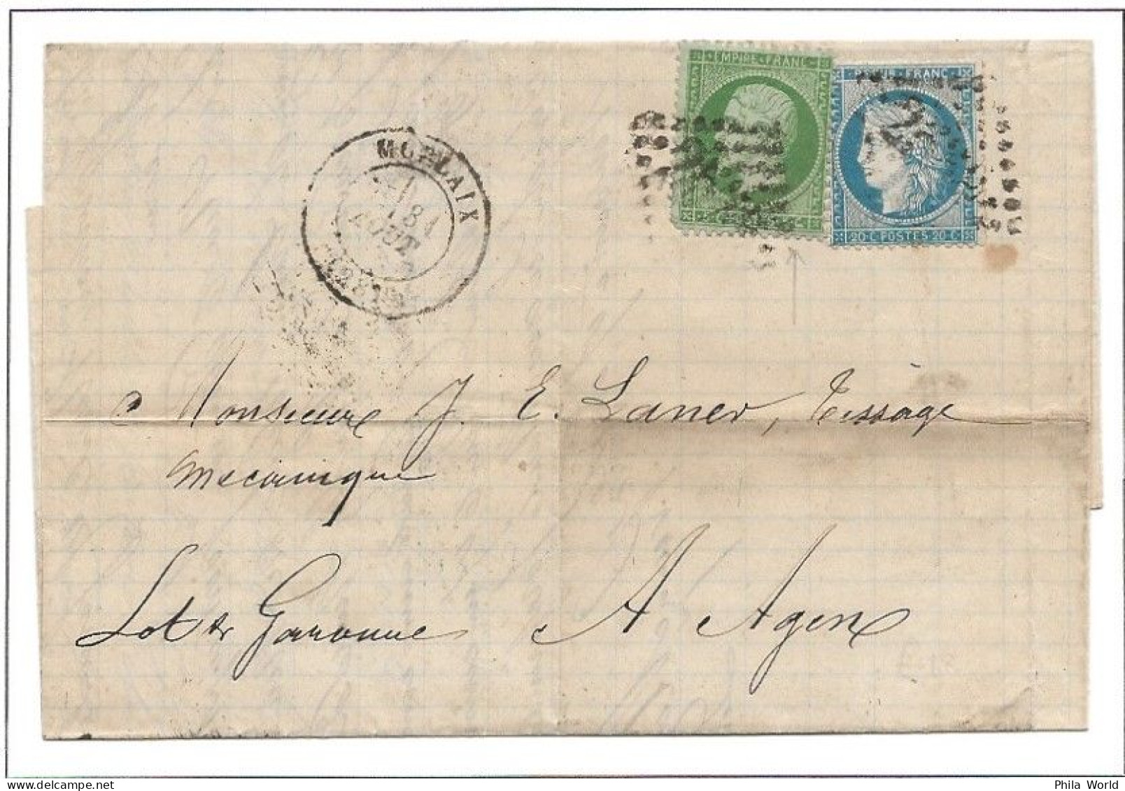 FRANCE NOUVEAU TARIF ANTICIPé Au 31 08 1871 Ald 01 09 MORLAY GC 2145 Finistère 20c Cérès Siège Paris 5c Empire AGEN Lot - 1871-1875 Ceres