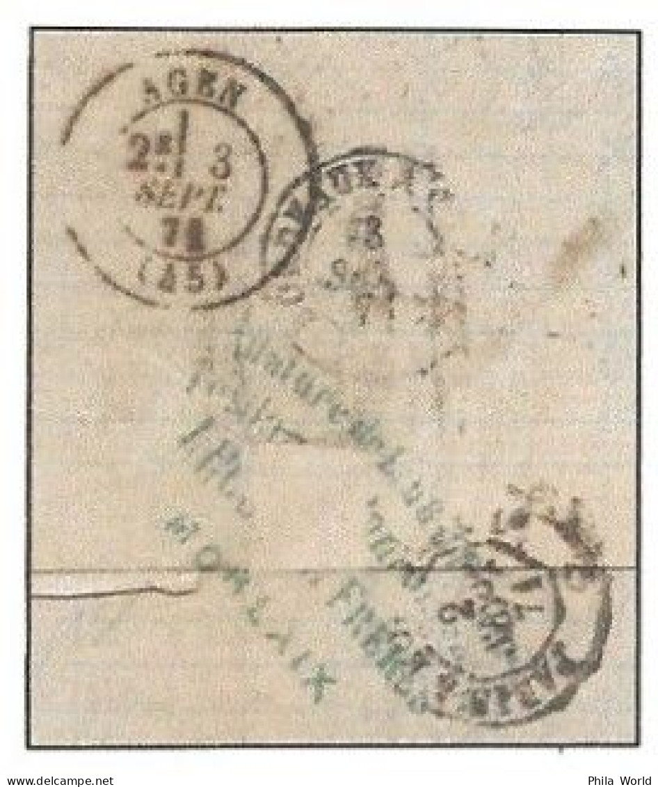 FRANCE NOUVEAU TARIF ANTICIPé Au 31 08 1871 Ald 01 09 MORLAY GC 2145 Finistère 20c Cérès Siège Paris 5c Empire AGEN Lot - 1871-1875 Ceres